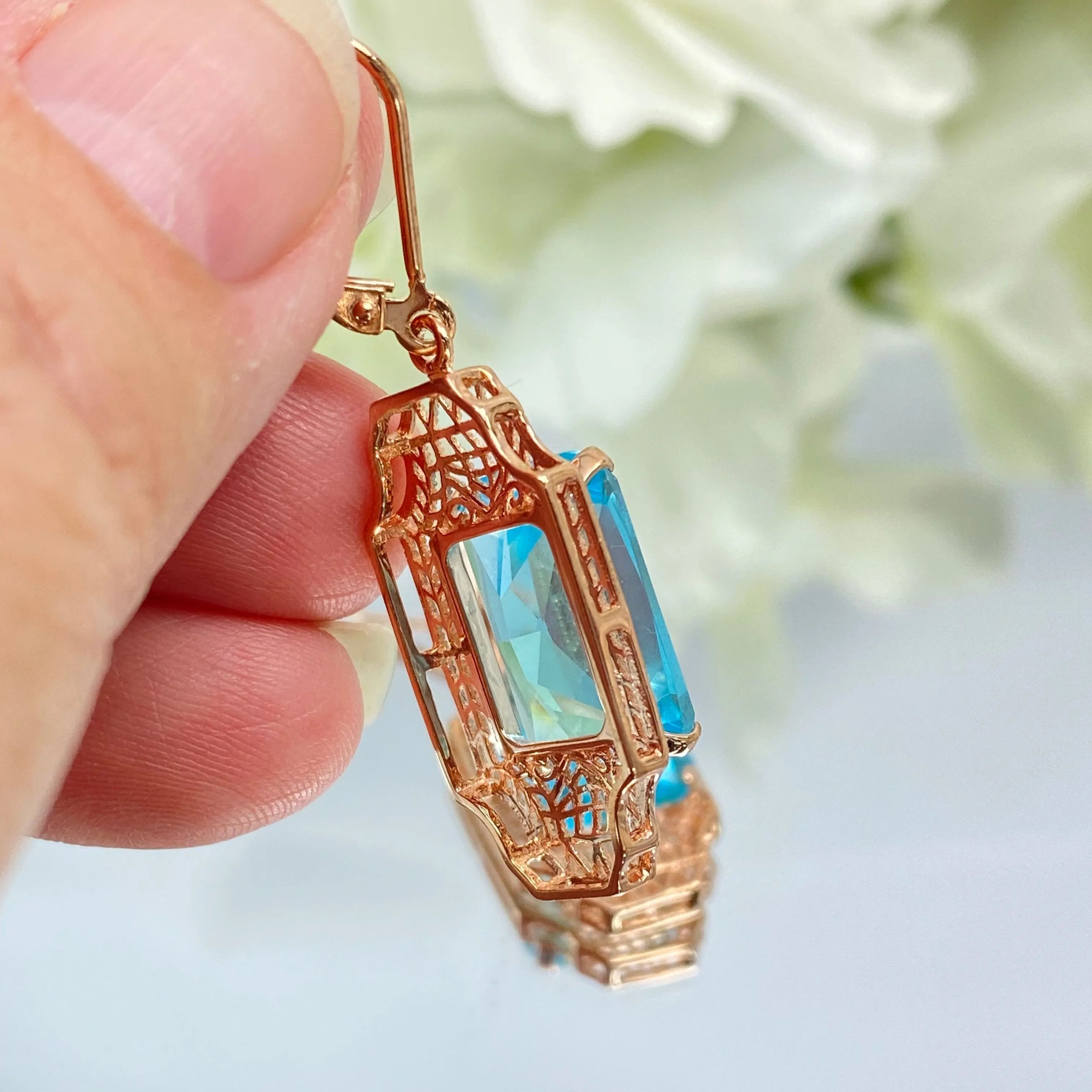 Aquamarine Earrings, Rose Gold Overlay, Rectangle Gems, Art Deco Lantern-style Silver Filigree #E13 - Ready to Ship