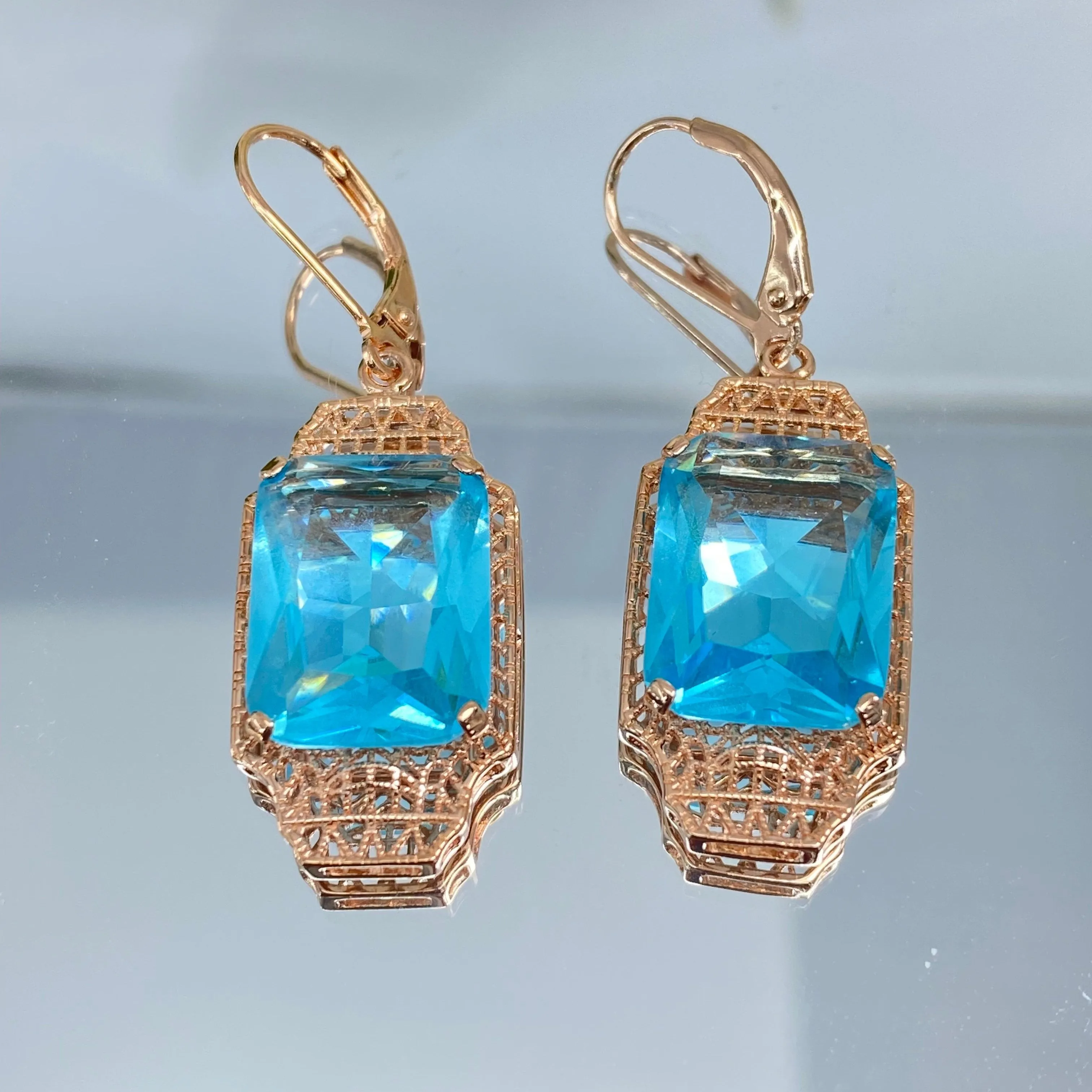 Aquamarine Earrings, Rose Gold Overlay, Rectangle Gems, Art Deco Lantern-style Silver Filigree #E13 - Ready to Ship