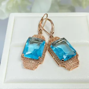 Aquamarine Earrings, Rose Gold Overlay, Rectangle Gems, Art Deco Lantern-style Silver Filigree #E13 - Ready to Ship