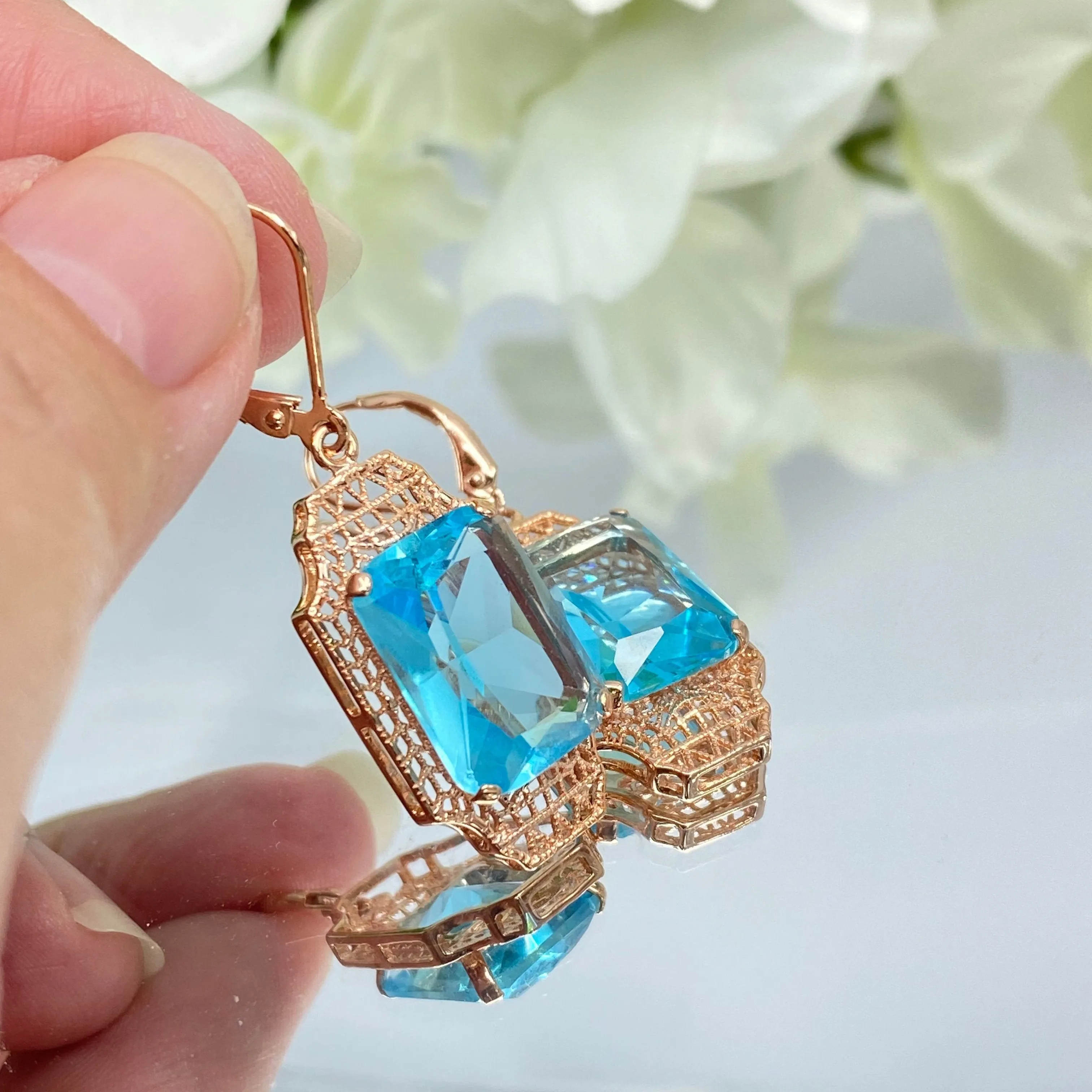 Aquamarine Earrings, Rose Gold Overlay, Rectangle Gems, Art Deco Lantern-style Silver Filigree #E13 - Ready to Ship