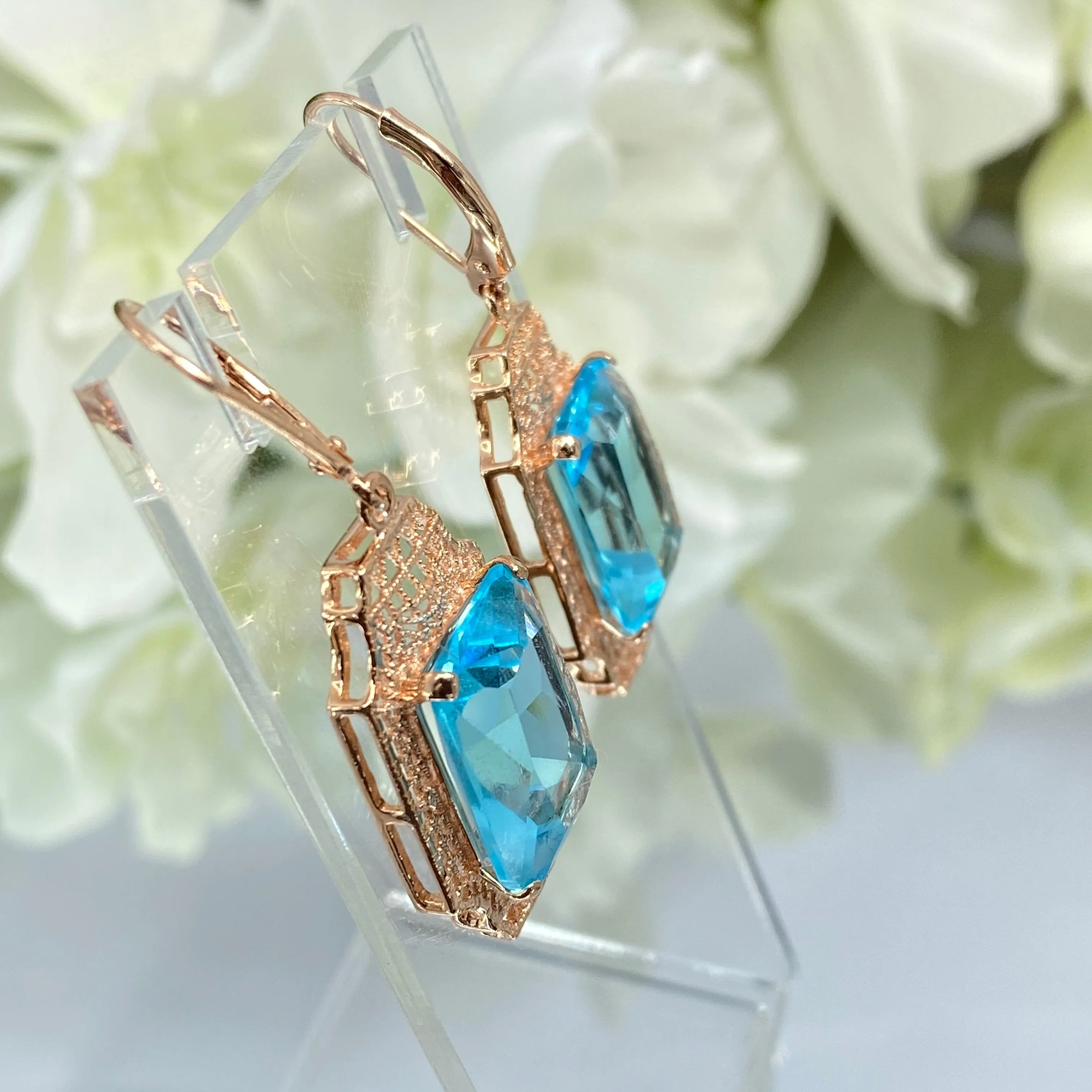 Aquamarine Earrings, Rose Gold Overlay, Rectangle Gems, Art Deco Lantern-style Silver Filigree #E13 - Ready to Ship