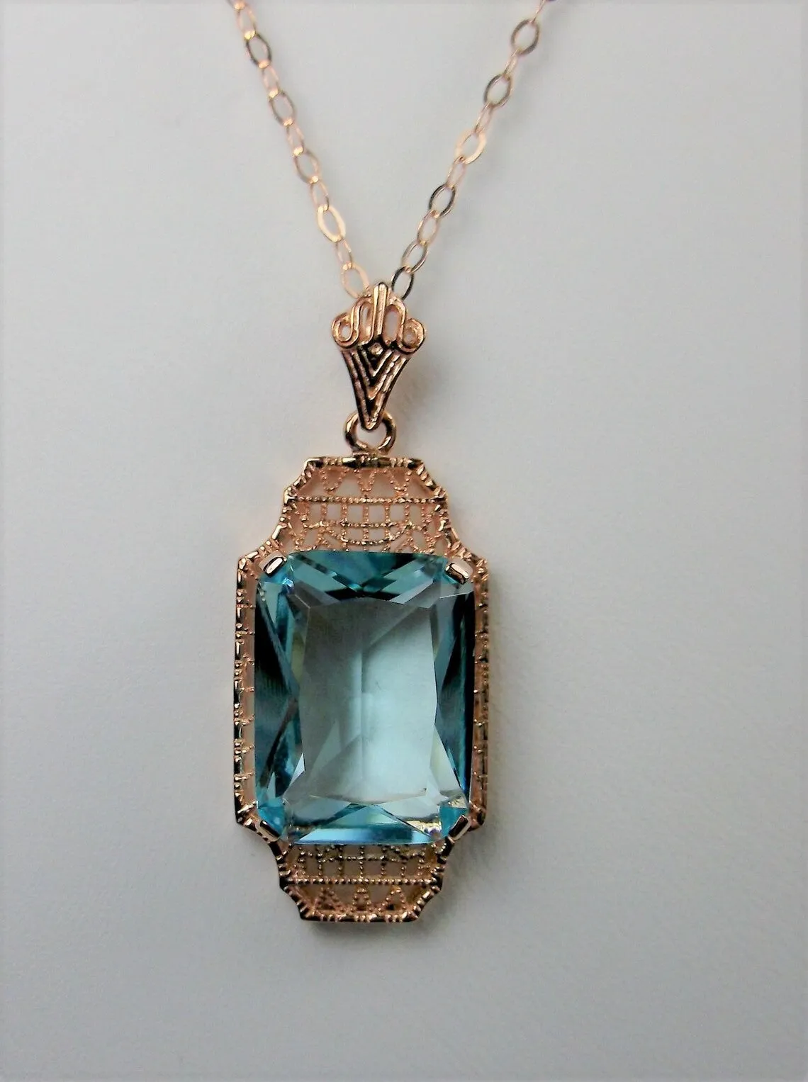 Aquamarine Pendant, Rose Gold Overlay, 1930s Art Deco Jewelry #P13
