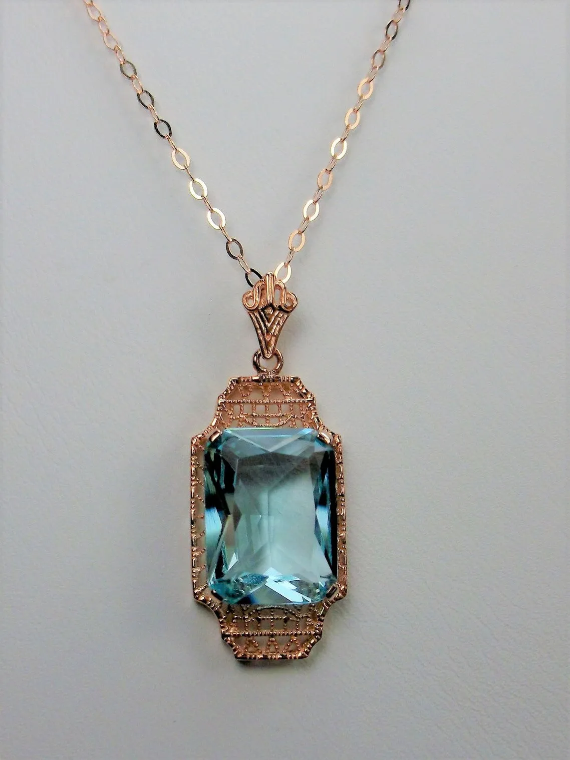 Aquamarine Pendant, Rose Gold Overlay, 1930s Art Deco Jewelry #P13