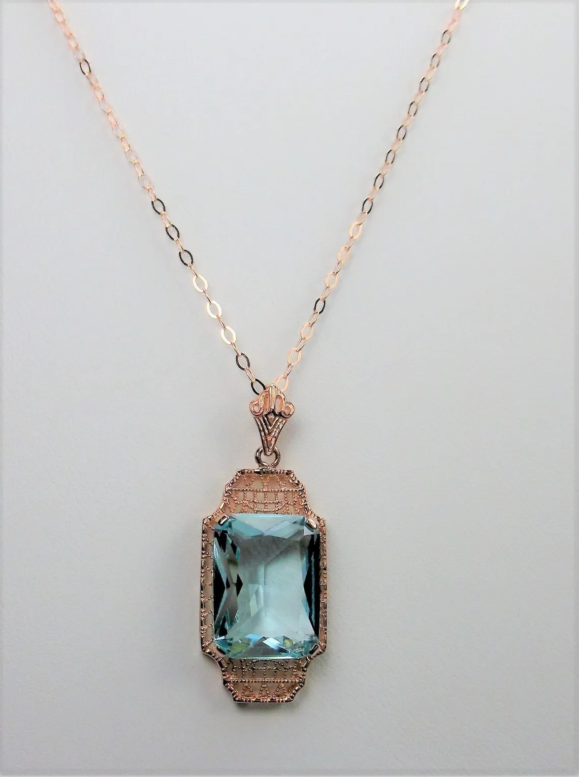 Aquamarine Pendant, Rose Gold Overlay, 1930s Art Deco Jewelry #P13