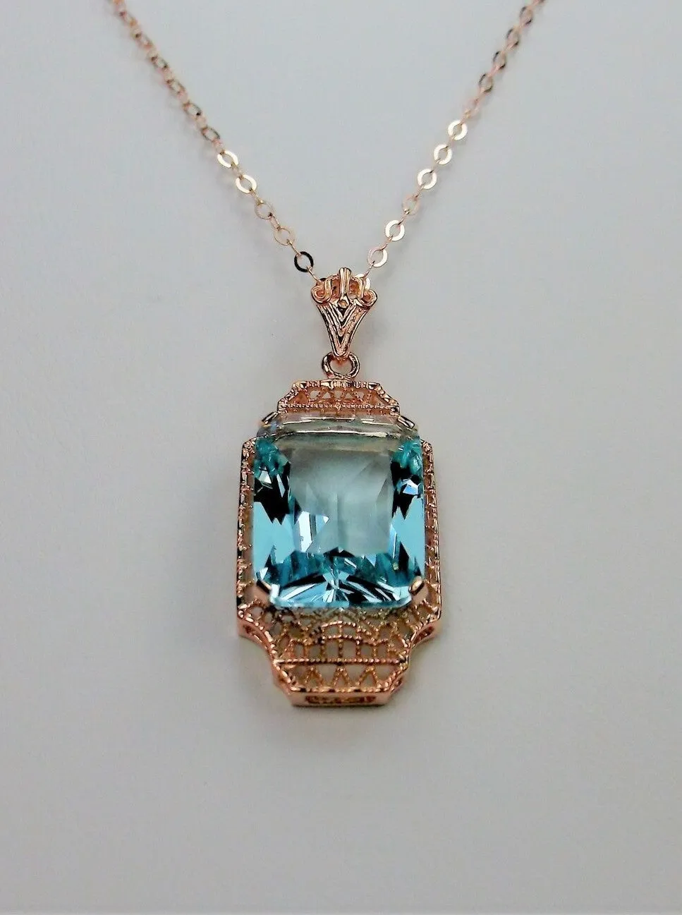Aquamarine Pendant, Rose Gold Overlay, 1930s Art Deco Jewelry #P13