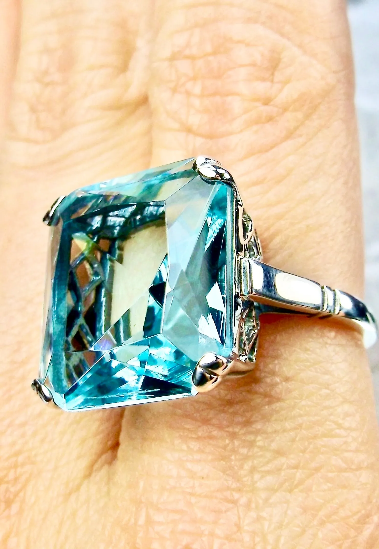 Aquamarine Ring, Size 7, 20ct Big Huge Square Gem, Vintage Jewelry #D1 - Ready to Ship