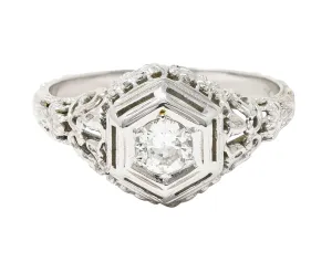Art Deco 0.25 CTW Old European Cut Diamond 18 Karat White Gold Scrolling Orange Blossom Engagement Ring