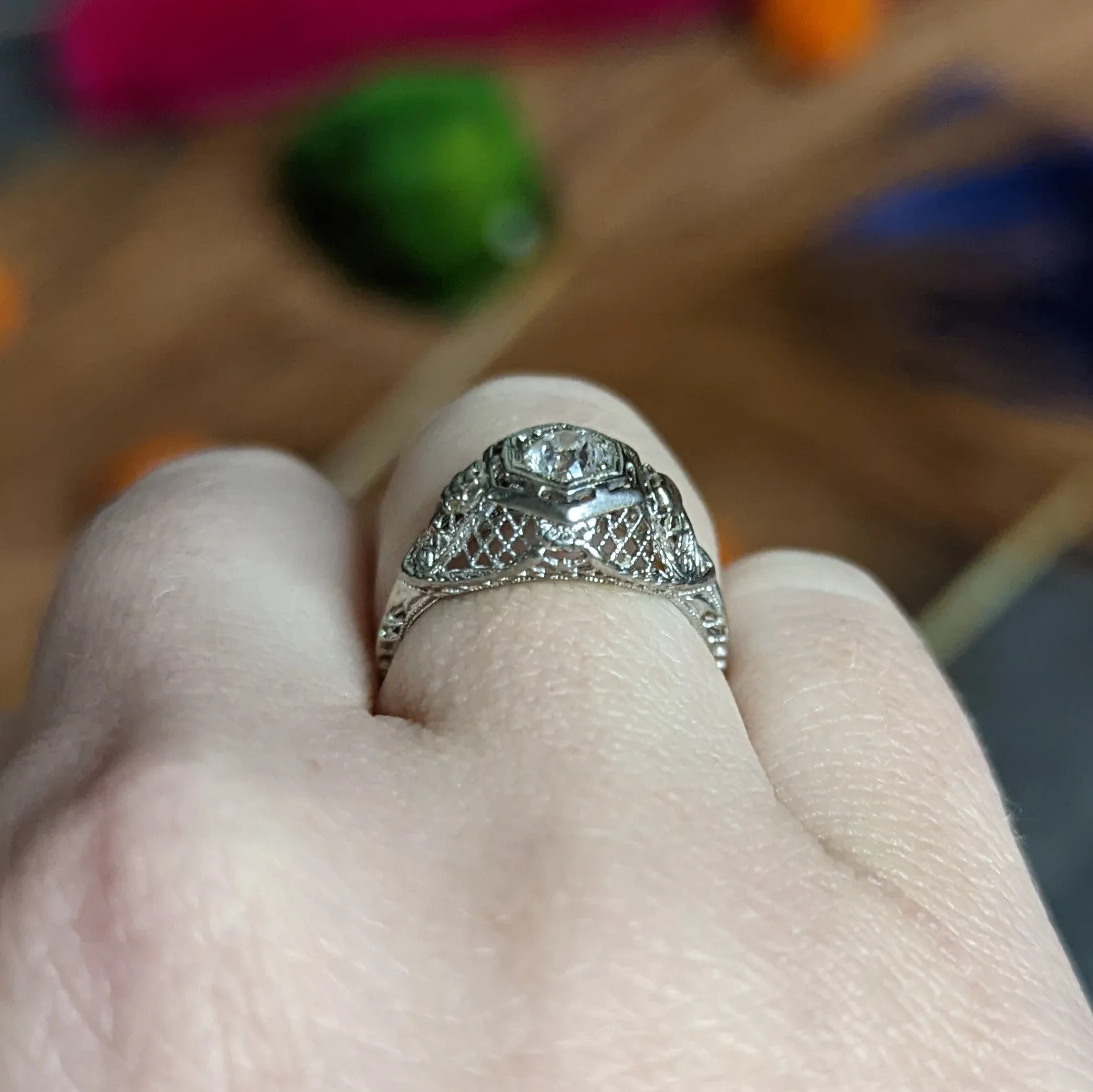 Art Deco 0.30 CTW Diamond 18 Karat White Gold Trellis Engagement Ring