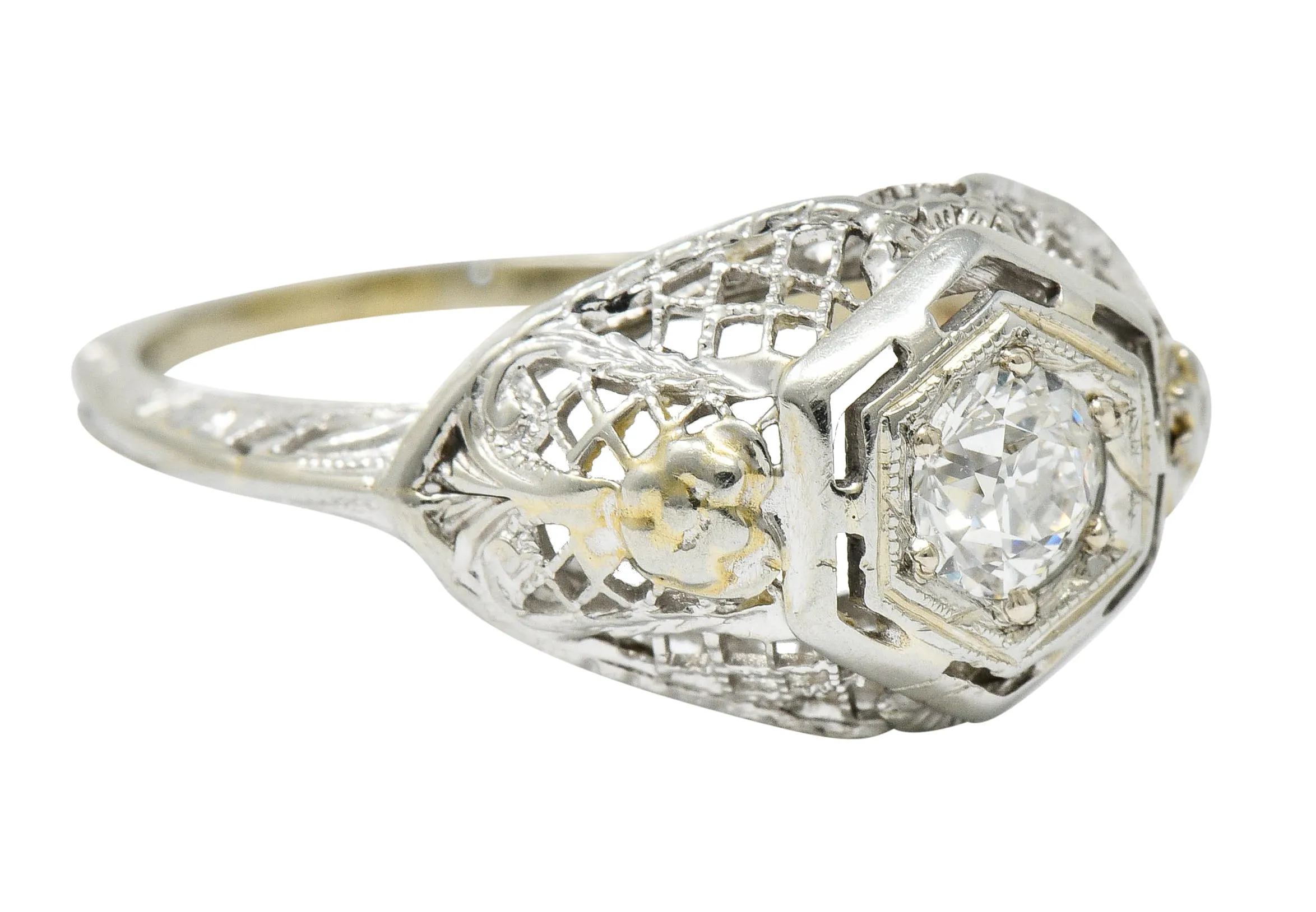 Art Deco 0.30 CTW Diamond 18 Karat White Gold Trellis Engagement Ring