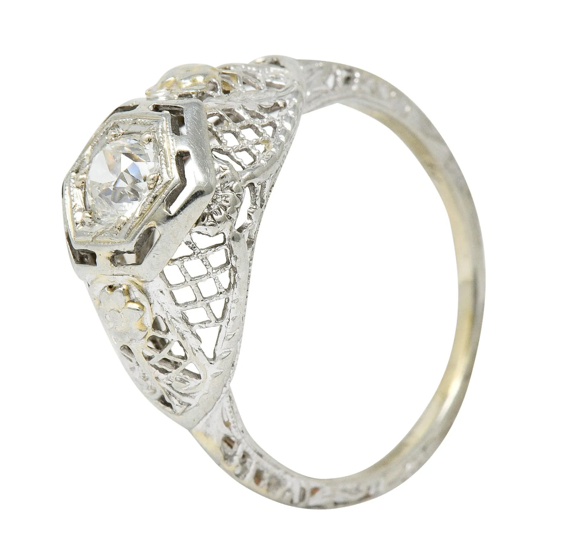 Art Deco 0.30 CTW Diamond 18 Karat White Gold Trellis Engagement Ring