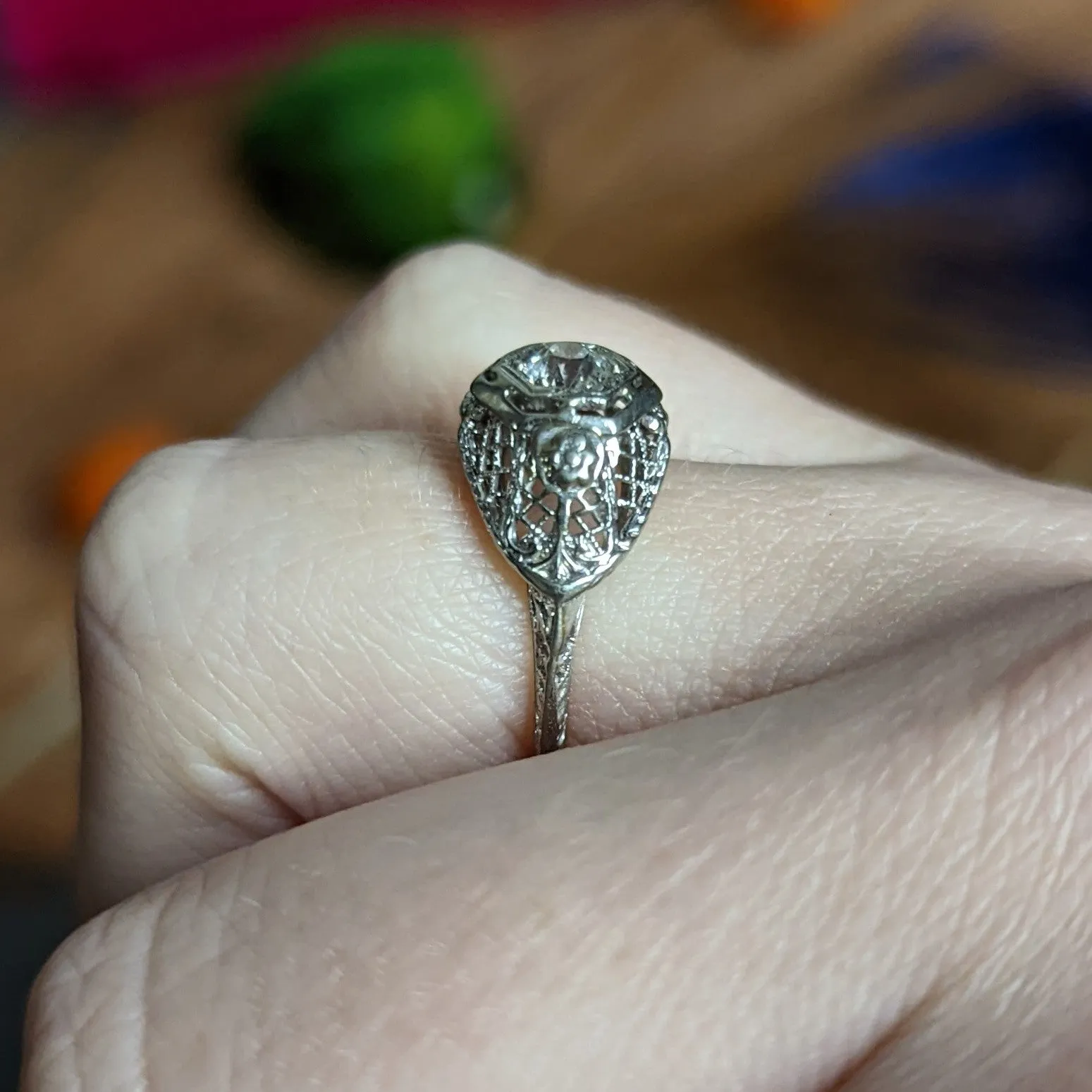 Art Deco 0.30 CTW Diamond 18 Karat White Gold Trellis Engagement Ring