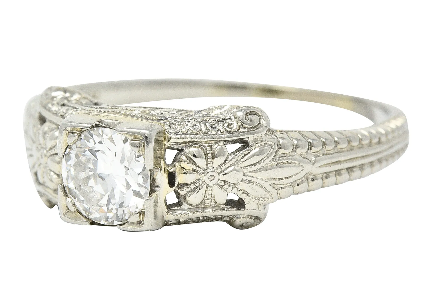 Art Deco 0.45 CTW Old European Cut Diamond 18 Karat White Gold Orange Blossom Engagement Ring