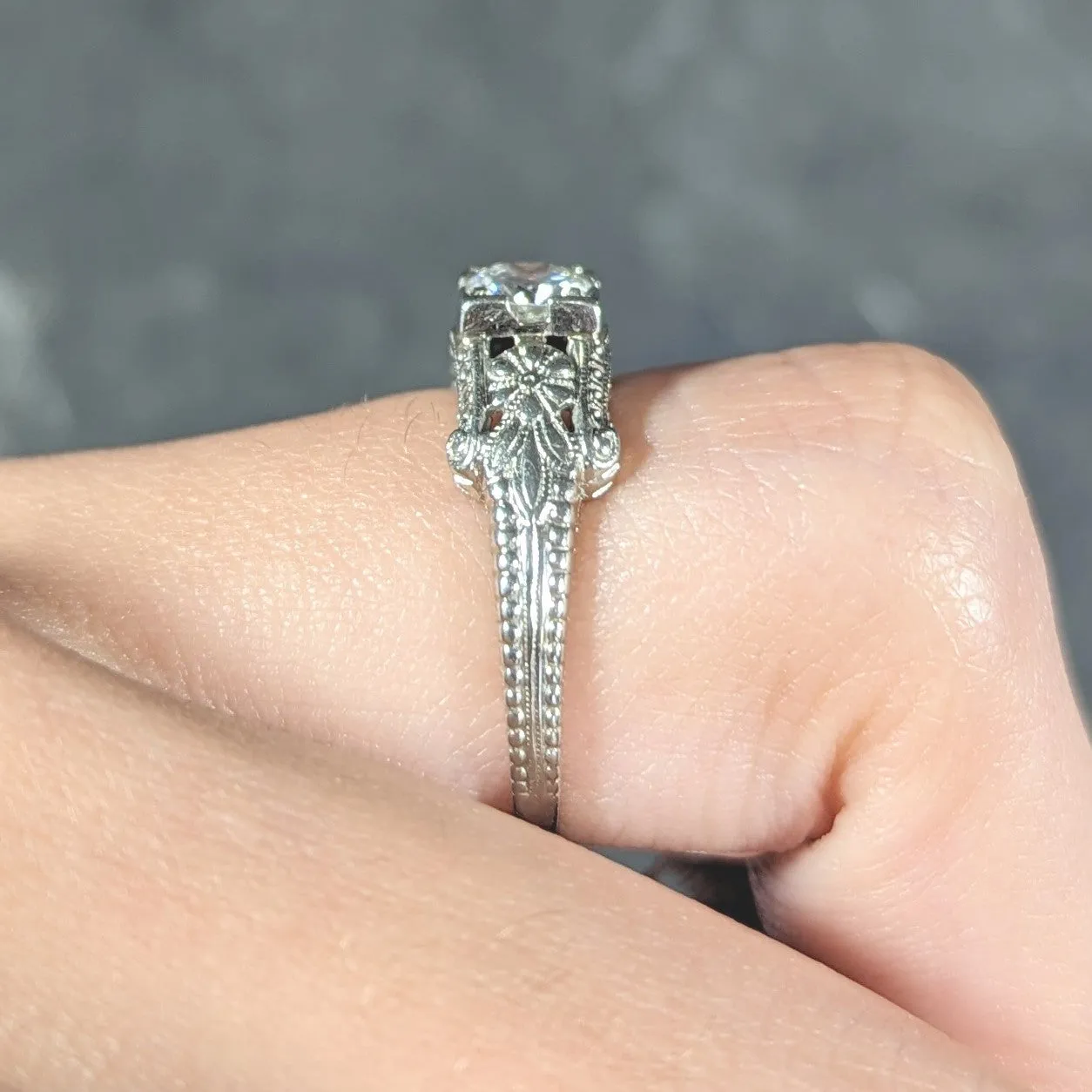Art Deco 0.45 CTW Old European Cut Diamond 18 Karat White Gold Orange Blossom Engagement Ring