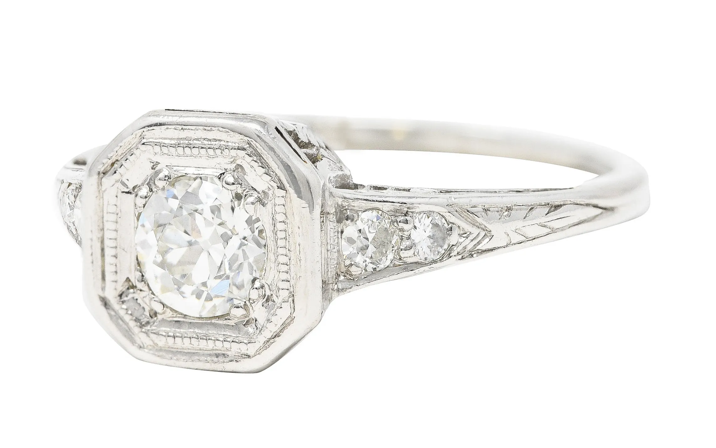 Art Deco 0.46 CTW Old European Cut Diamond Platinum Oak Leaf Engagement Ring