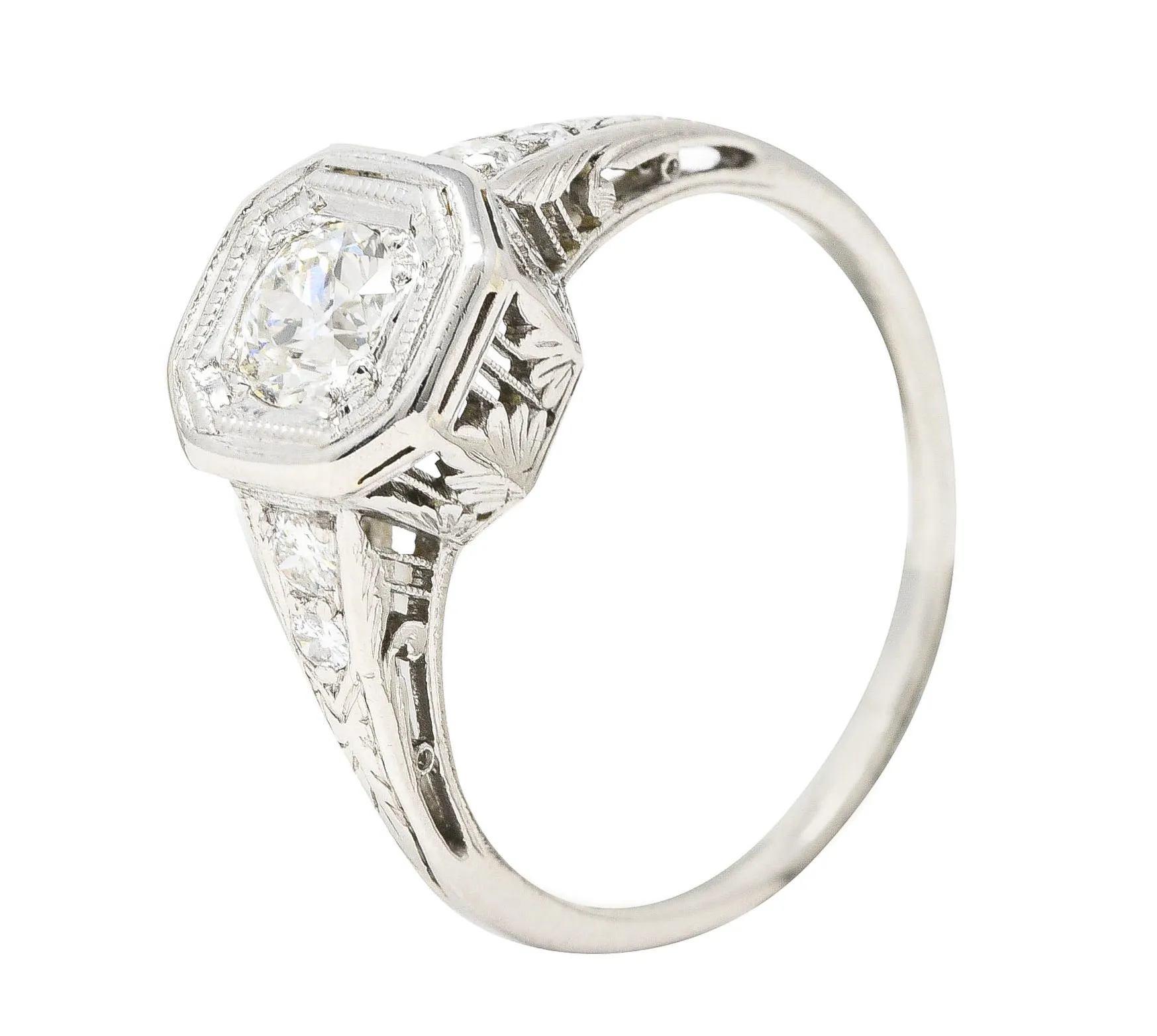 Art Deco 0.46 CTW Old European Cut Diamond Platinum Oak Leaf Engagement Ring
