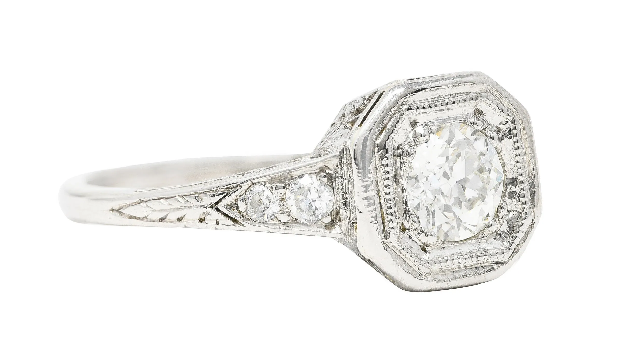 Art Deco 0.46 CTW Old European Cut Diamond Platinum Oak Leaf Engagement Ring