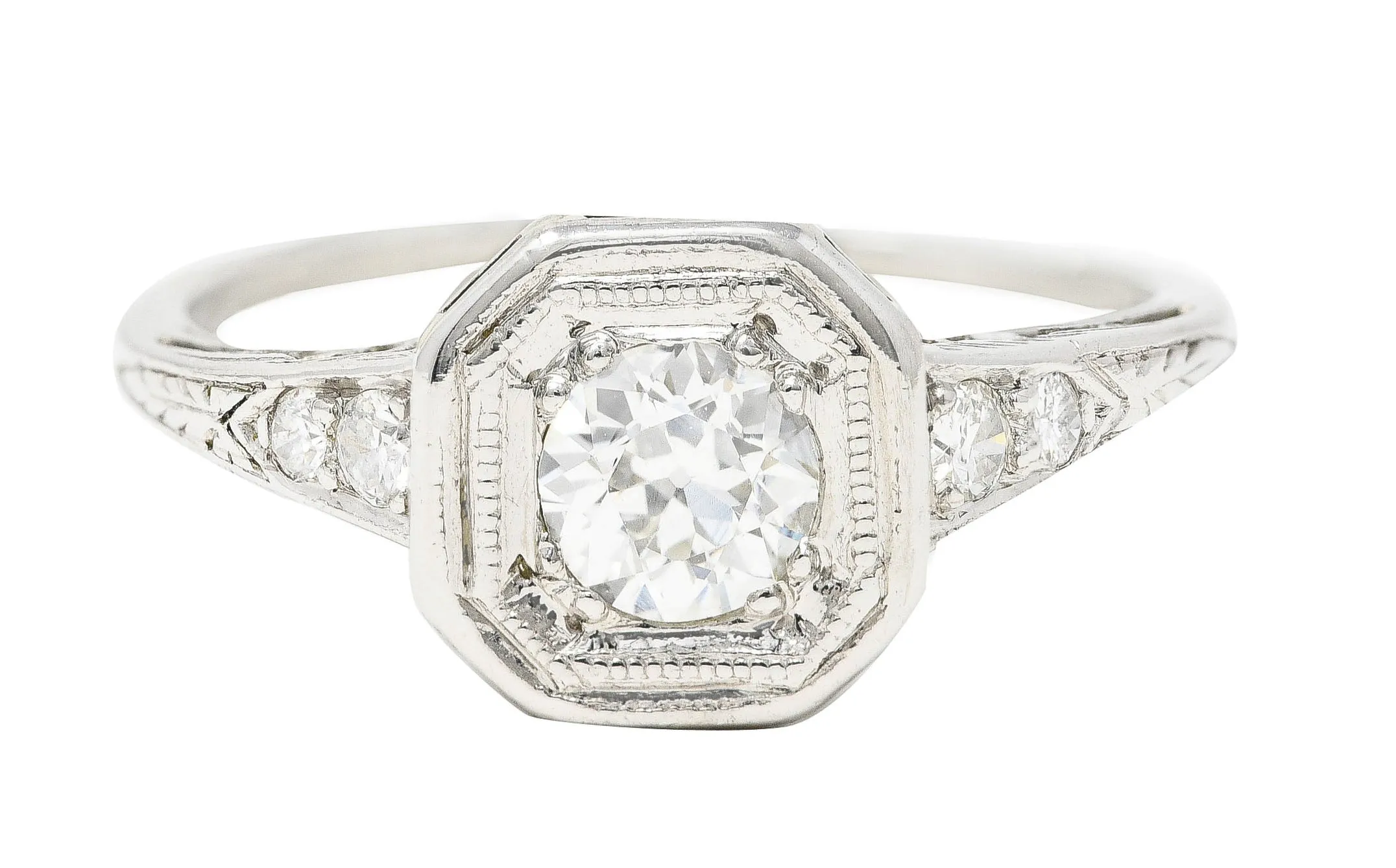Art Deco 0.46 CTW Old European Cut Diamond Platinum Oak Leaf Engagement Ring