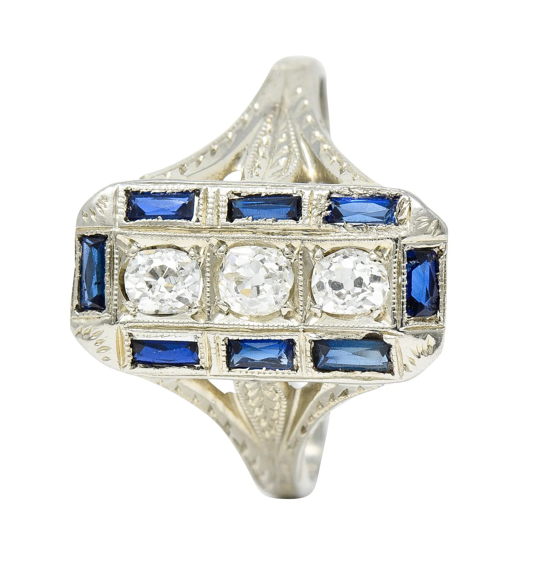 Art Deco 0.50 CTW Diamond Sapphire 18 Karat White Gold Dinner Ring