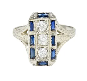 Art Deco 0.50 CTW Diamond Sapphire 18 Karat White Gold Dinner Ring