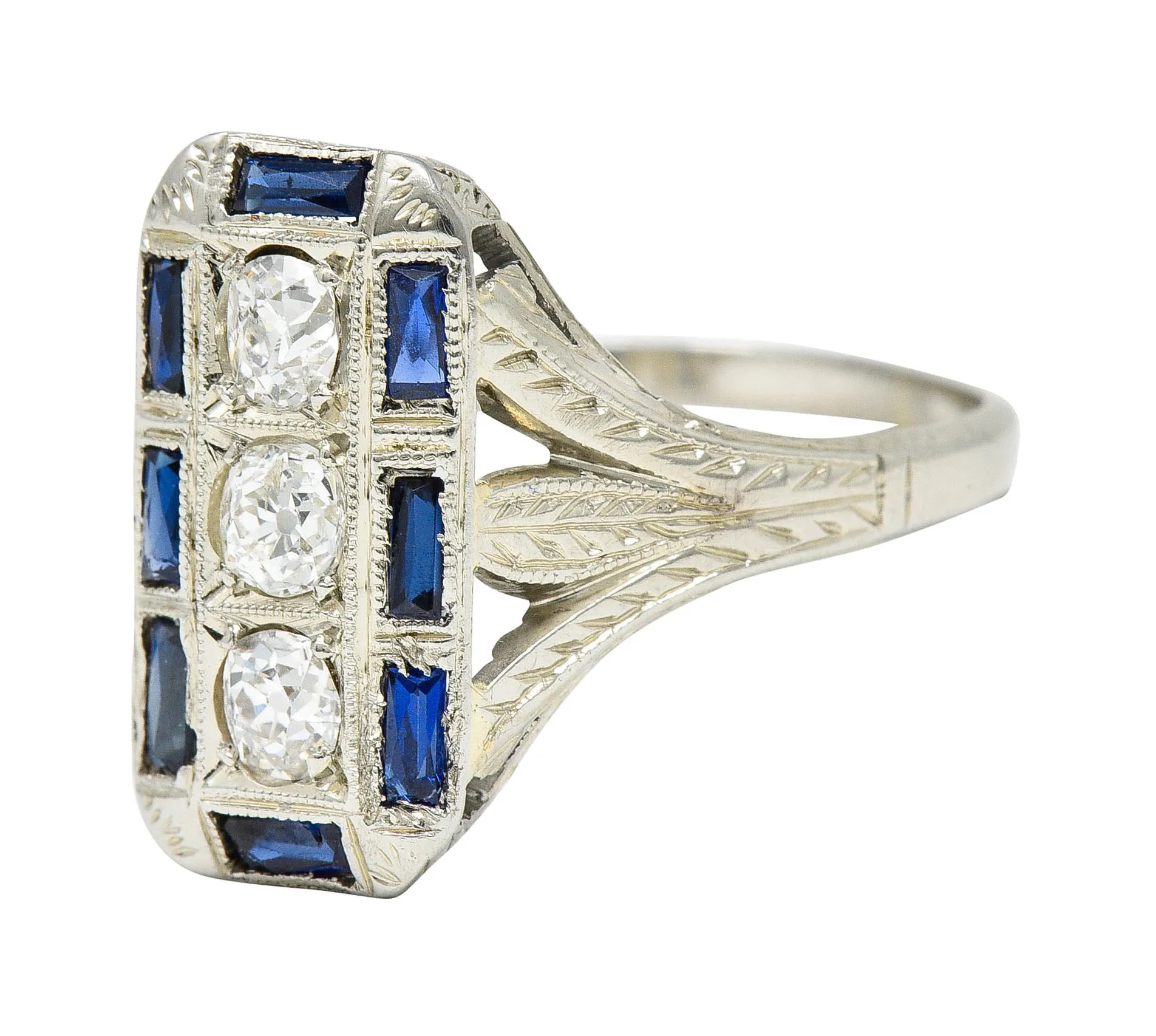 Art Deco 0.50 CTW Diamond Sapphire 18 Karat White Gold Dinner Ring