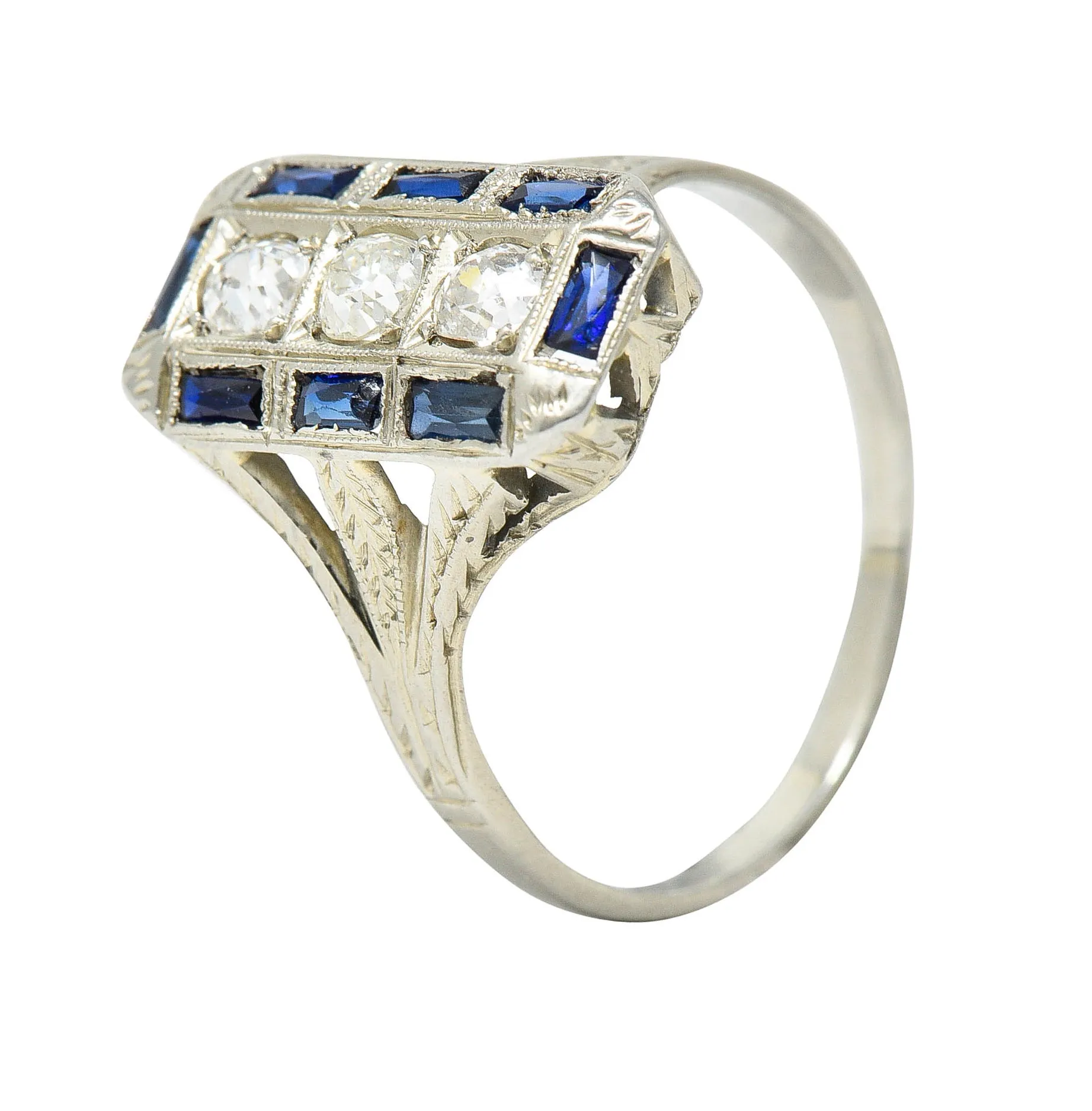 Art Deco 0.50 CTW Diamond Sapphire 18 Karat White Gold Dinner Ring