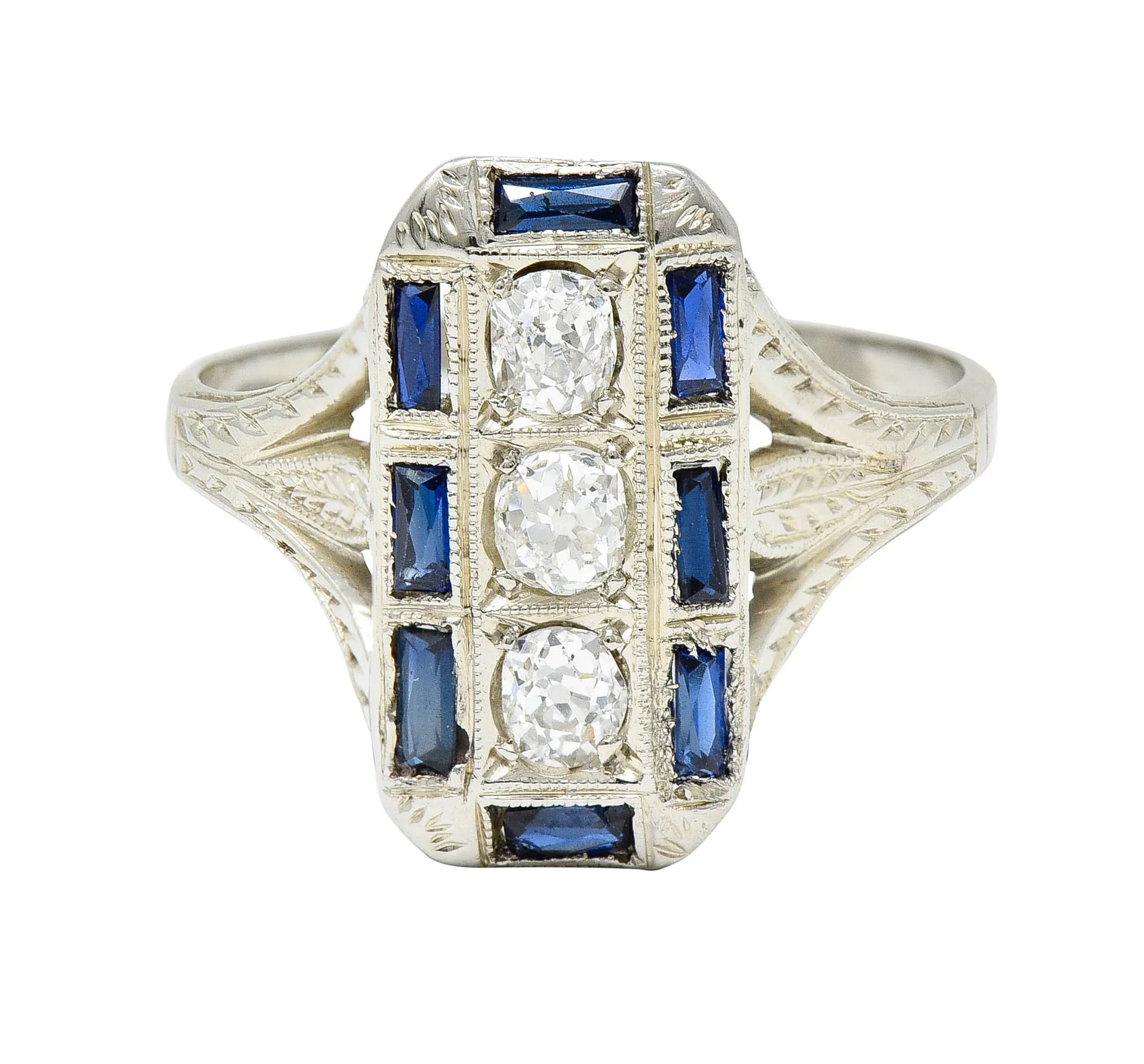 Art Deco 0.50 CTW Diamond Sapphire 18 Karat White Gold Dinner Ring