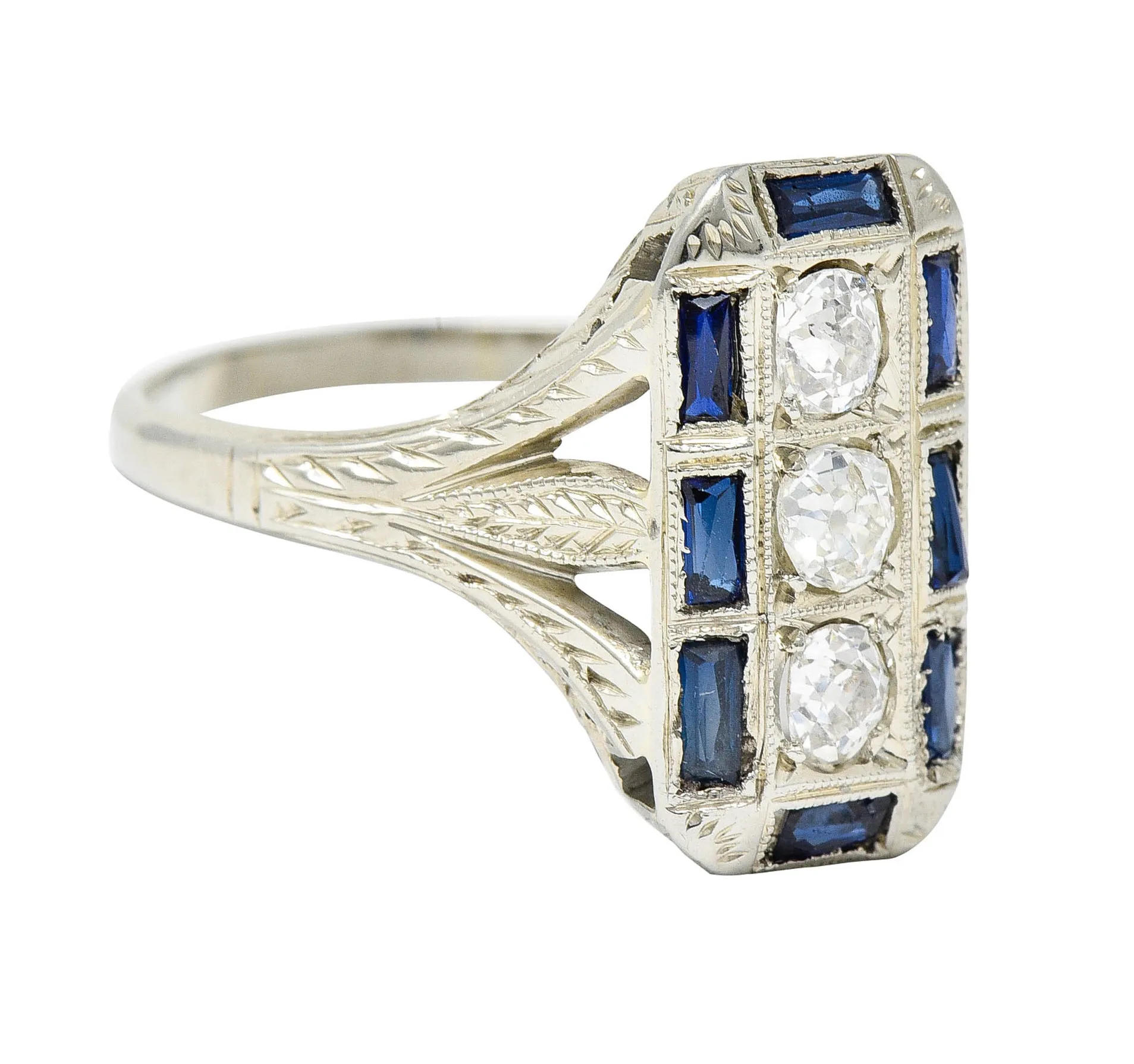 Art Deco 0.50 CTW Diamond Sapphire 18 Karat White Gold Dinner Ring