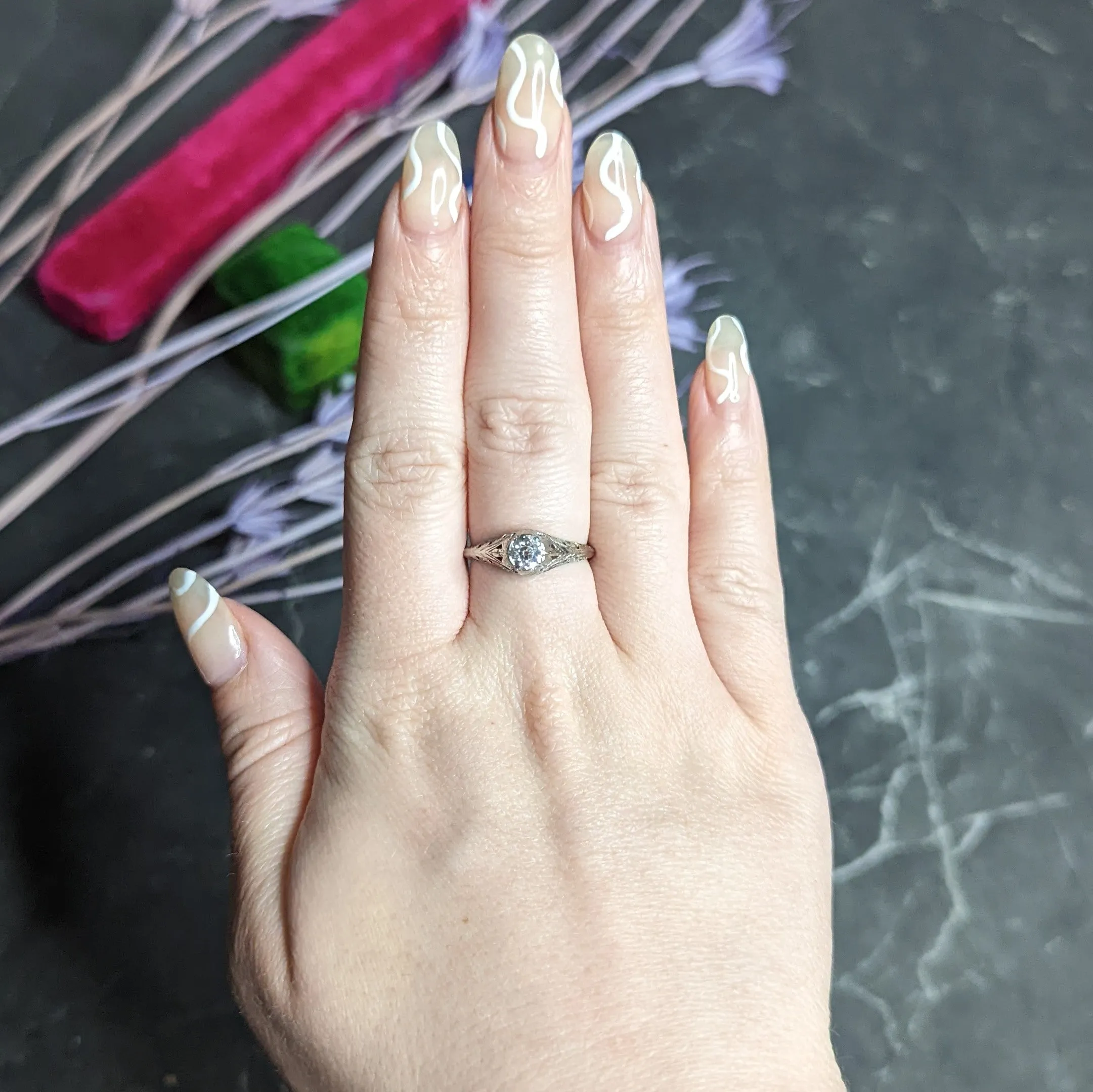 Art Deco 0.52 CTW Diamond 18 Karat White Gold Trellis Engagement Ring