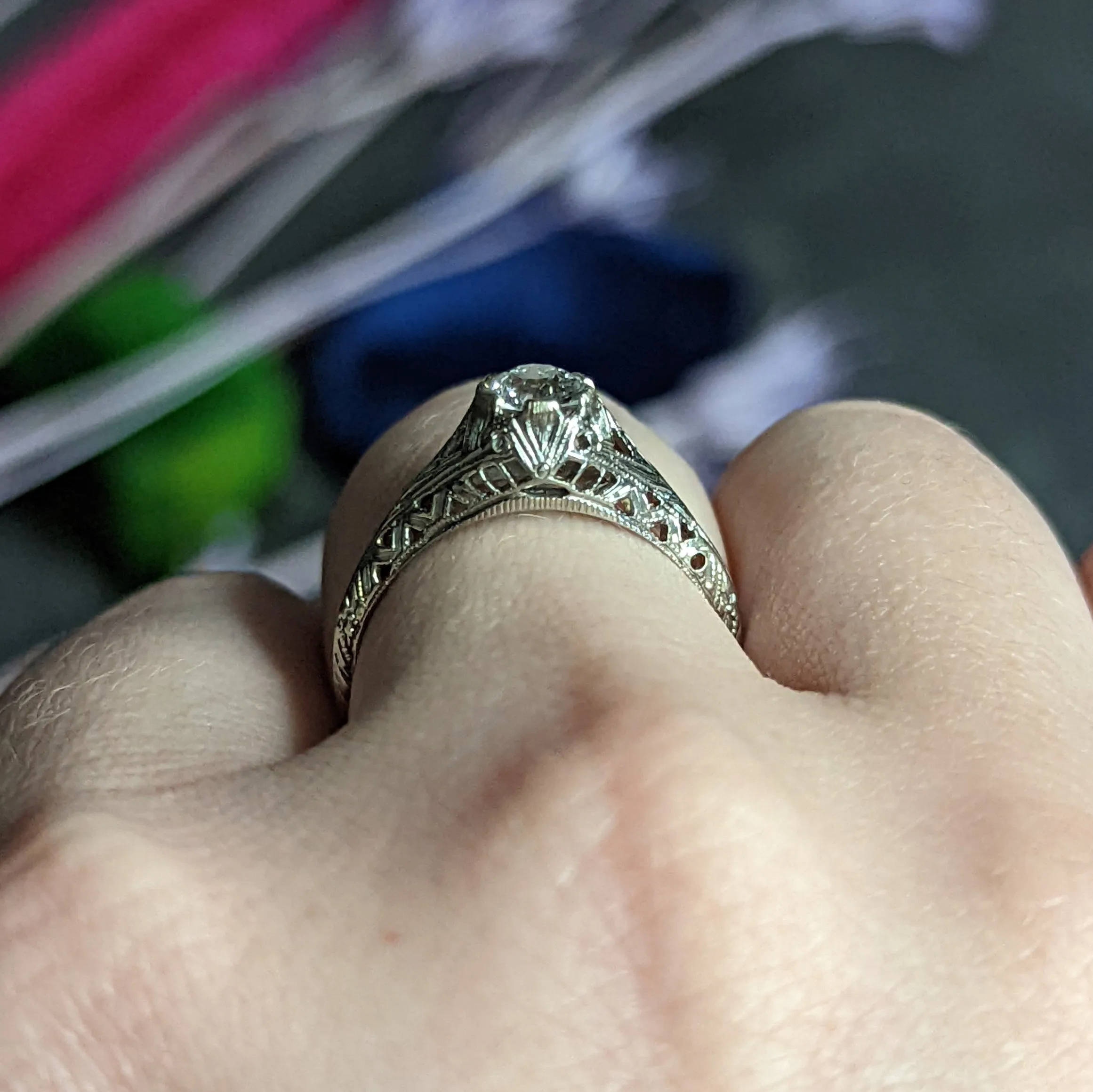 Art Deco 0.52 CTW Diamond 18 Karat White Gold Trellis Engagement Ring