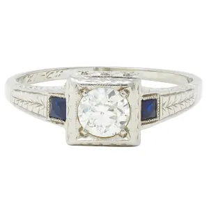 Art Deco 0.60 CTW Old European Diamond Sapphire 18 Karat White Gold VinWheat Engagement Ring