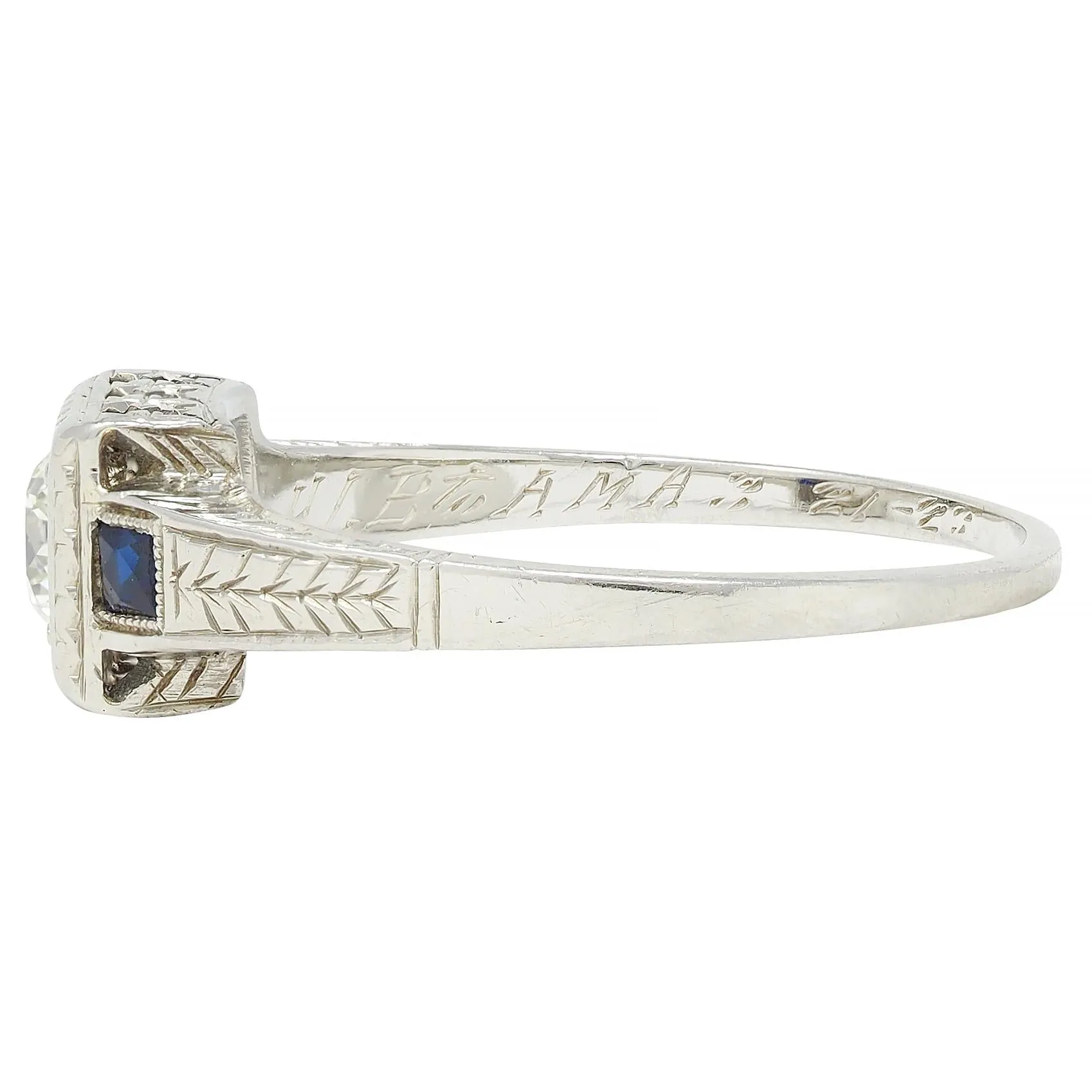Art Deco 0.60 CTW Old European Diamond Sapphire 18 Karat White Gold VinWheat Engagement Ring