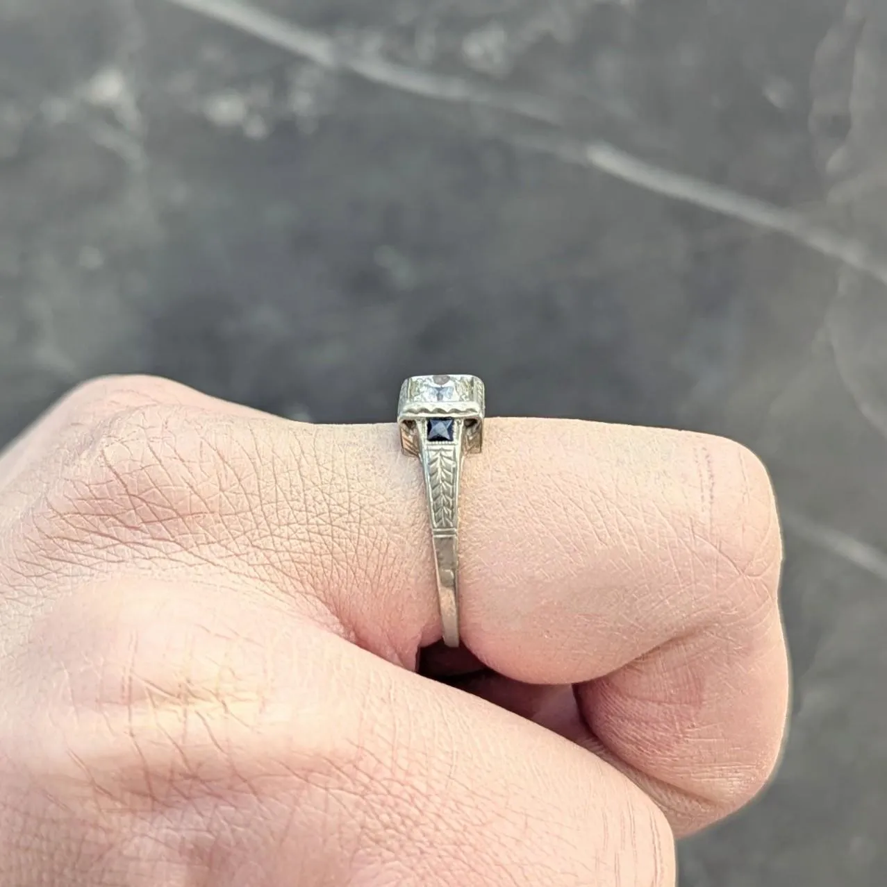 Art Deco 0.60 CTW Old European Diamond Sapphire 18 Karat White Gold VinWheat Engagement Ring