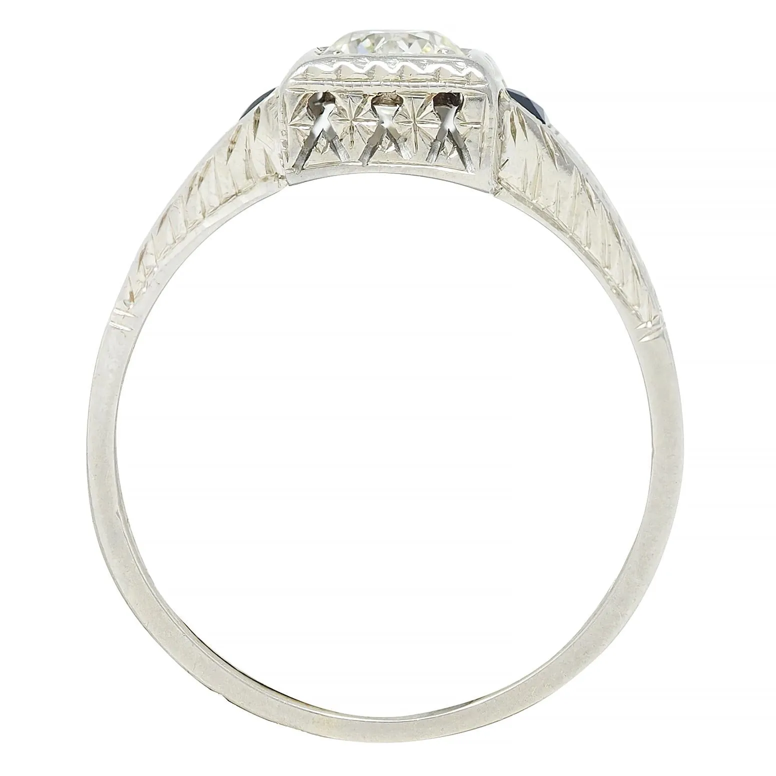 Art Deco 0.60 CTW Old European Diamond Sapphire 18 Karat White Gold VinWheat Engagement Ring