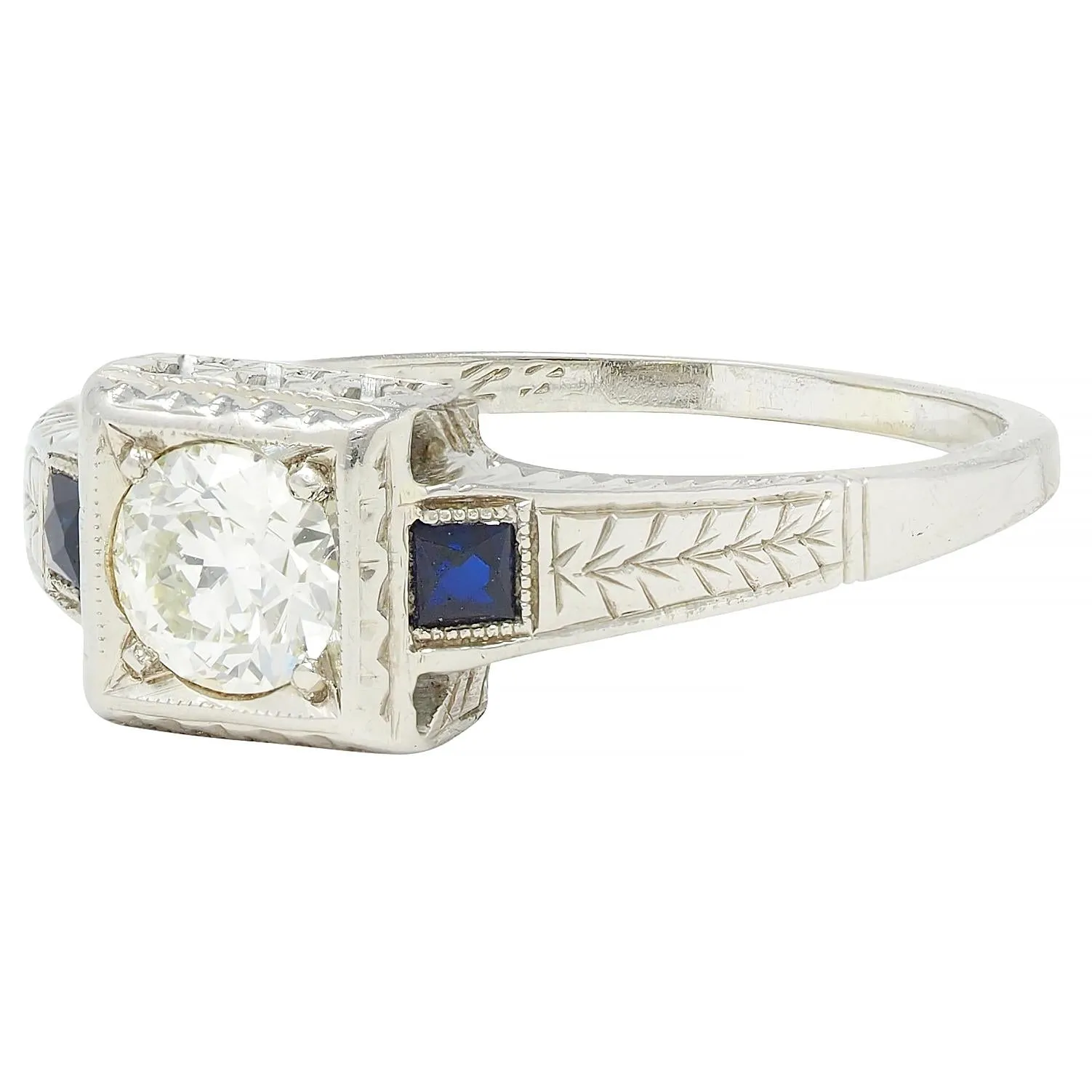 Art Deco 0.60 CTW Old European Diamond Sapphire 18 Karat White Gold VinWheat Engagement Ring