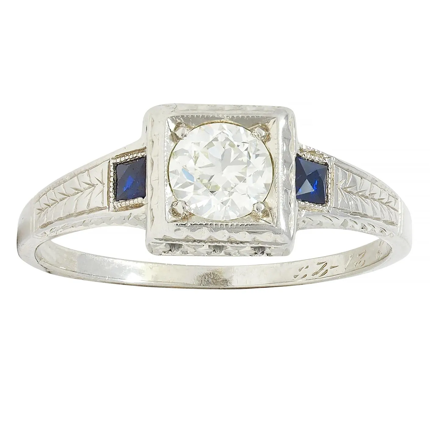 Art Deco 0.60 CTW Old European Diamond Sapphire 18 Karat White Gold VinWheat Engagement Ring