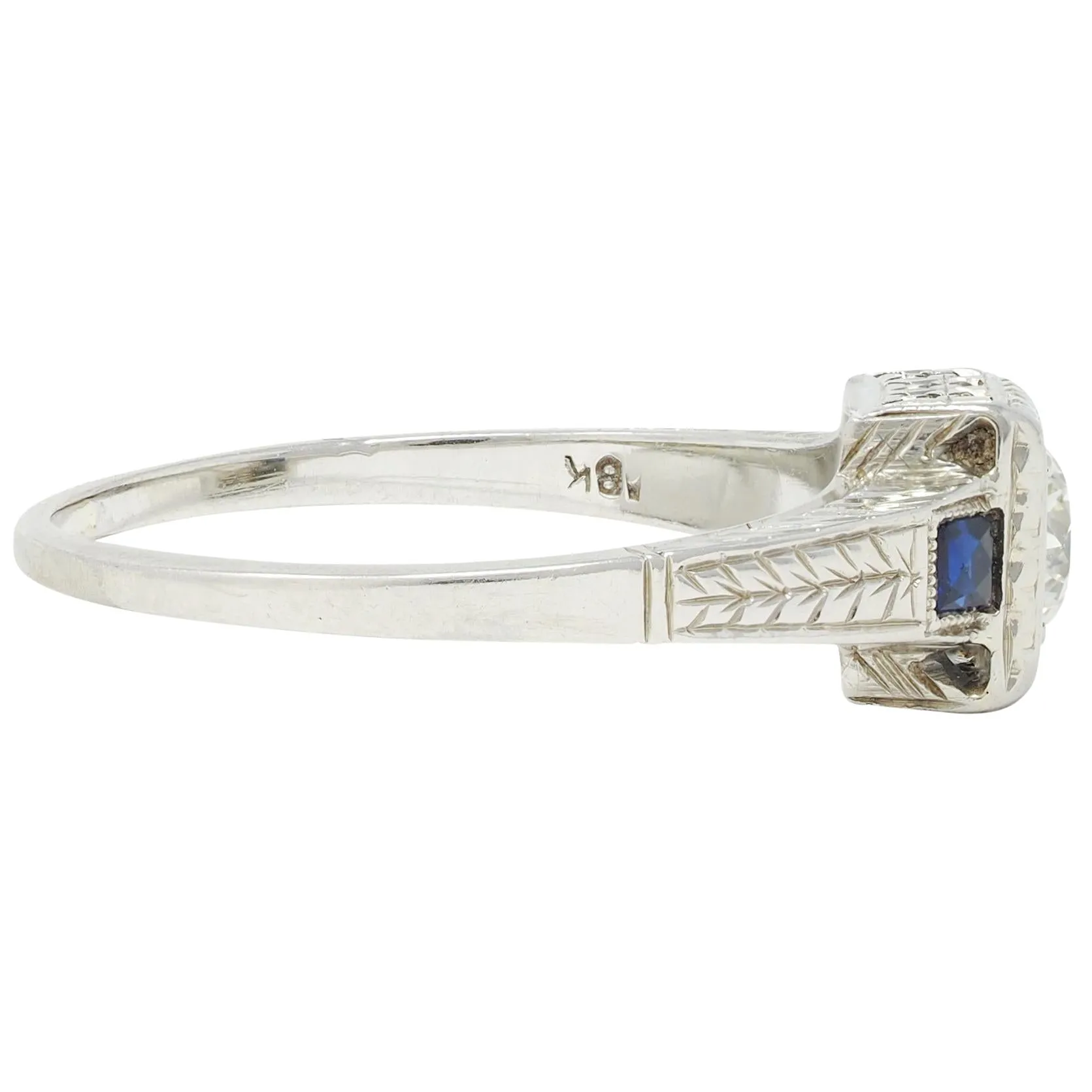 Art Deco 0.60 CTW Old European Diamond Sapphire 18 Karat White Gold VinWheat Engagement Ring