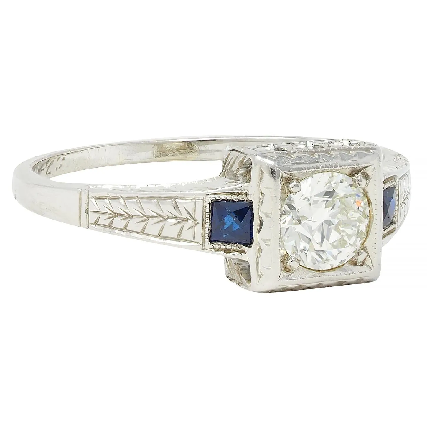 Art Deco 0.60 CTW Old European Diamond Sapphire 18 Karat White Gold VinWheat Engagement Ring