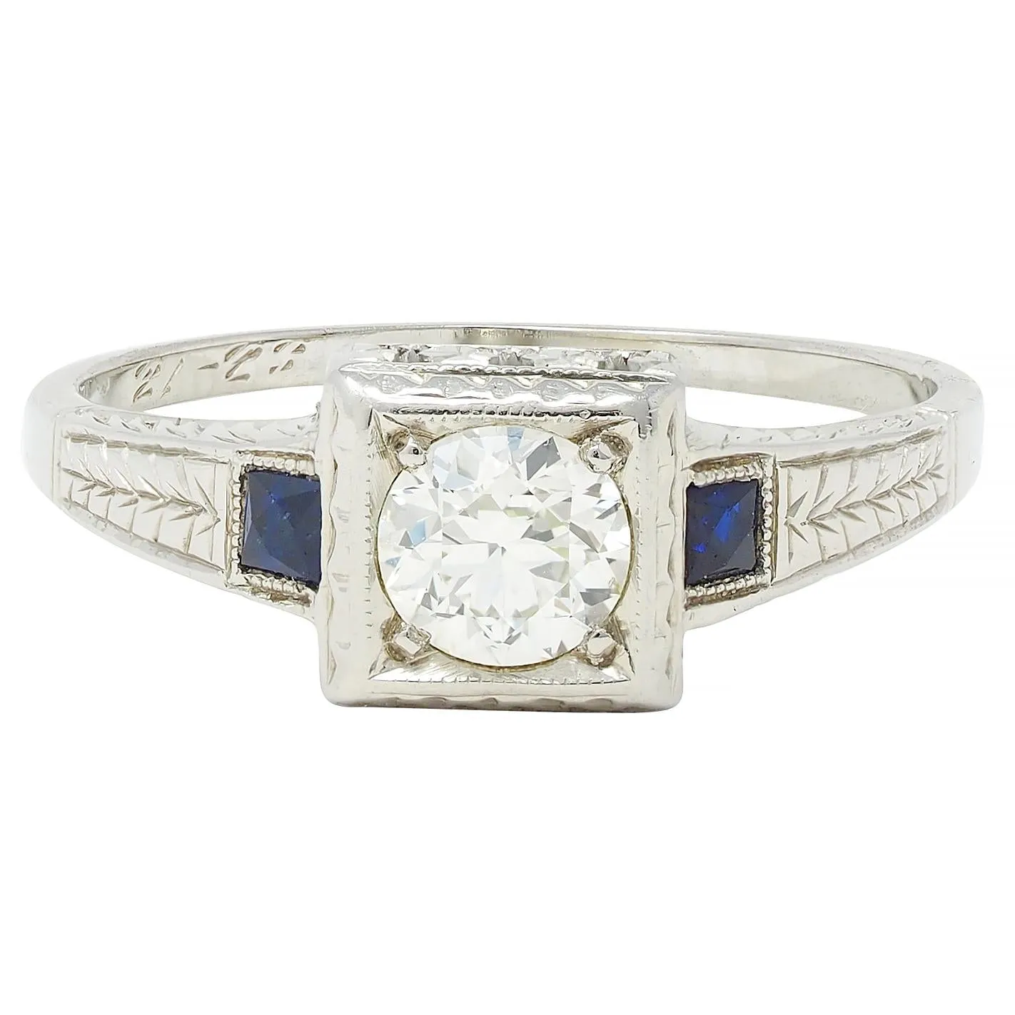 Art Deco 0.60 CTW Old European Diamond Sapphire 18 Karat White Gold VinWheat Engagement Ring