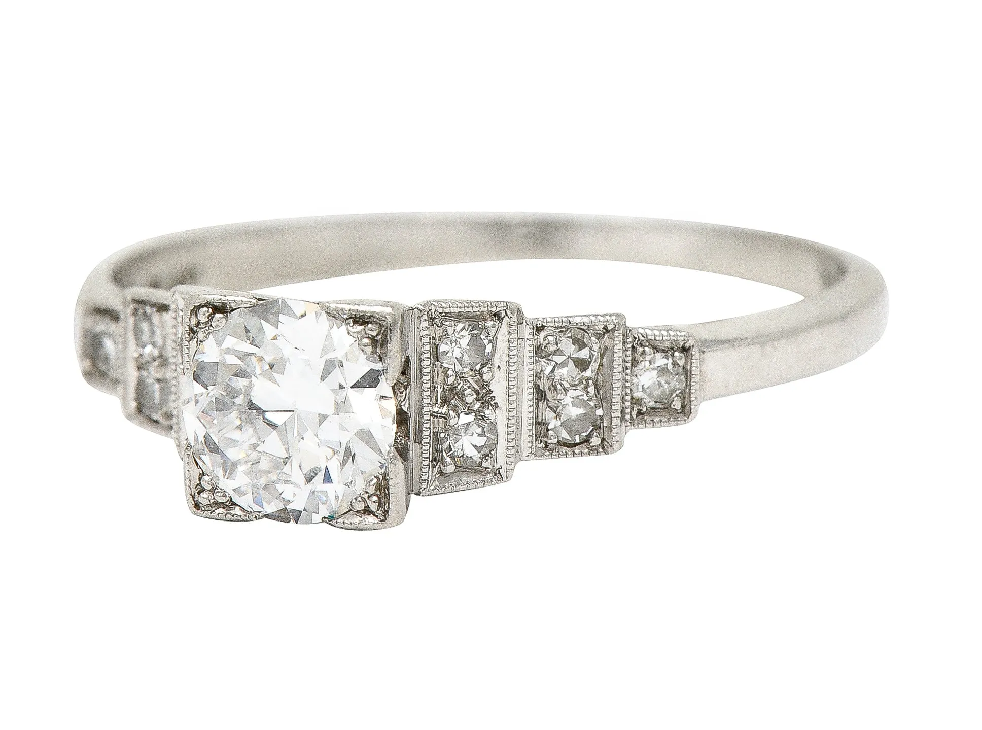 Art Deco 0.66 CTW Old European Cut Diamond Platinum Square Form Stepped Engagement Ring
