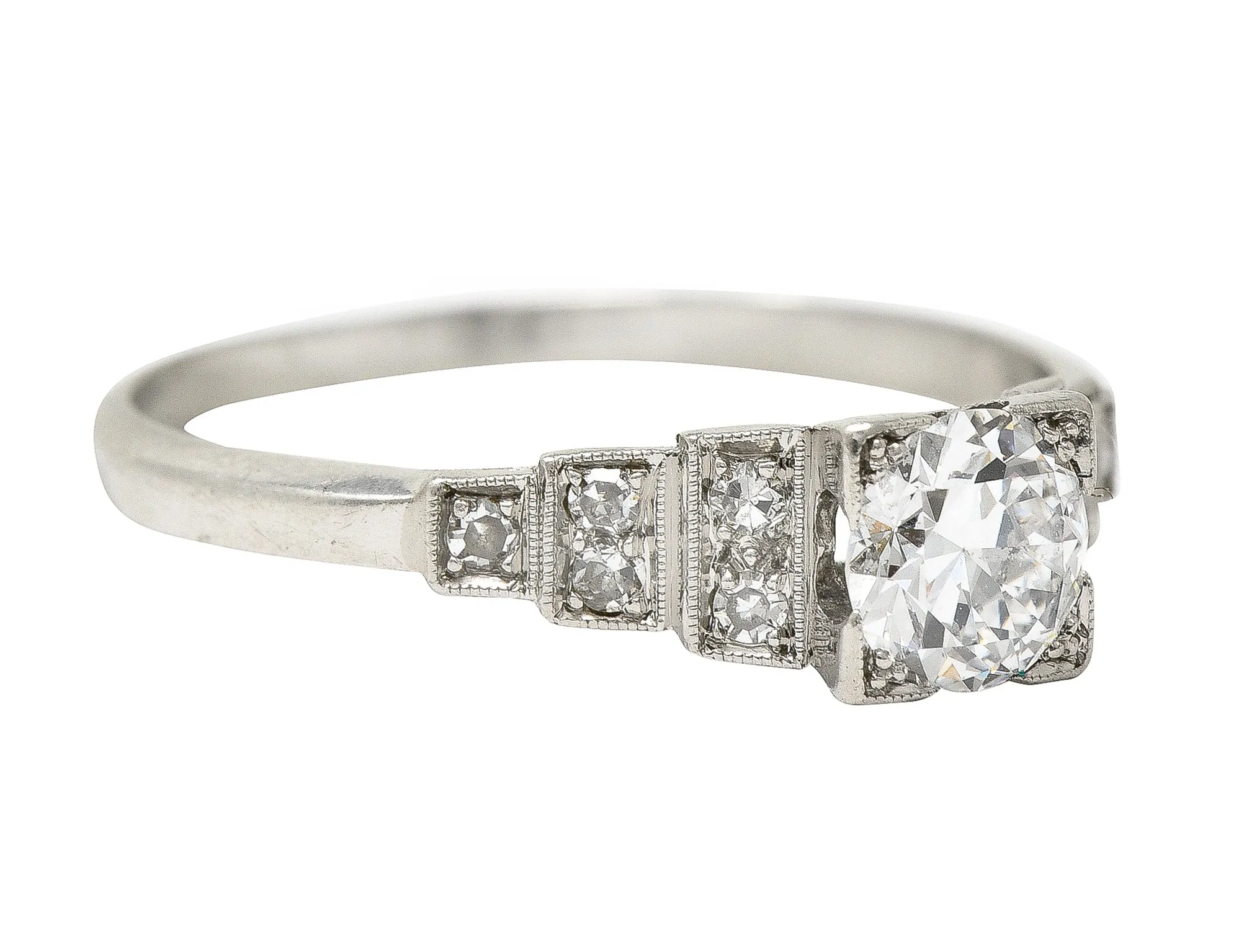 Art Deco 0.66 CTW Old European Cut Diamond Platinum Square Form Stepped Engagement Ring