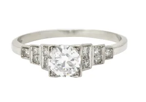 Art Deco 0.66 CTW Old European Cut Diamond Platinum Square Form Stepped Engagement Ring