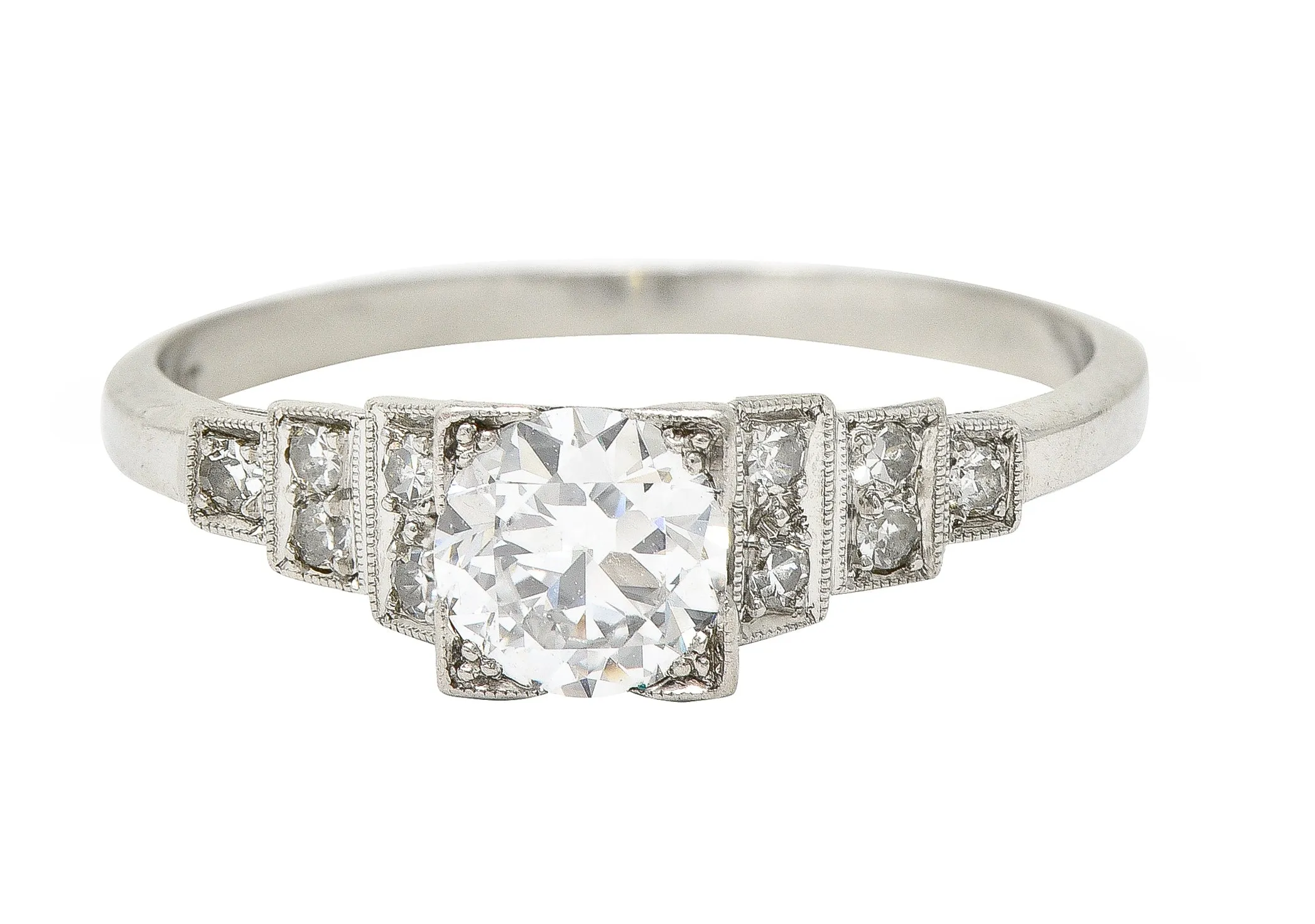 Art Deco 0.66 CTW Old European Cut Diamond Platinum Square Form Stepped Engagement Ring