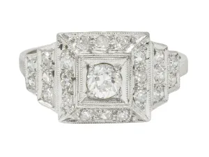 Art Deco 0.70 CTW Diamond Platinum Square Stepped Engagement Ring