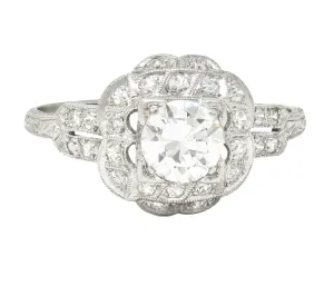 Art Deco 0.91 CTW Old European Cut Diamond Platinum Square Form Halo Engagement Ring