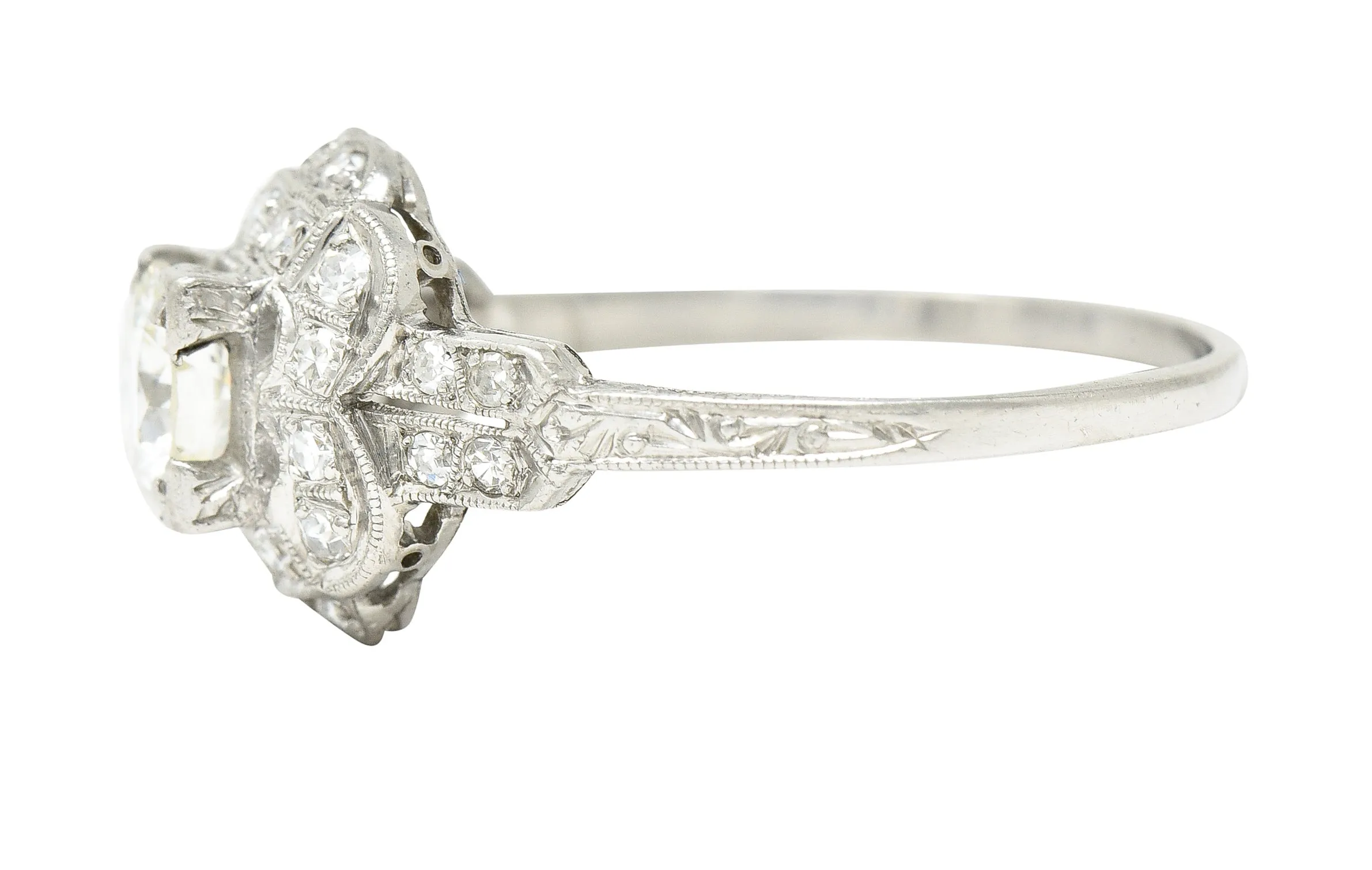 Art Deco 0.91 CTW Old European Cut Diamond Platinum Square Form Halo Engagement Ring