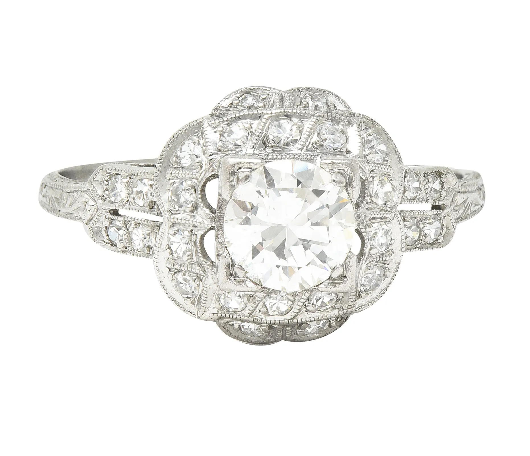 Art Deco 0.91 CTW Old European Cut Diamond Platinum Square Form Halo Engagement Ring