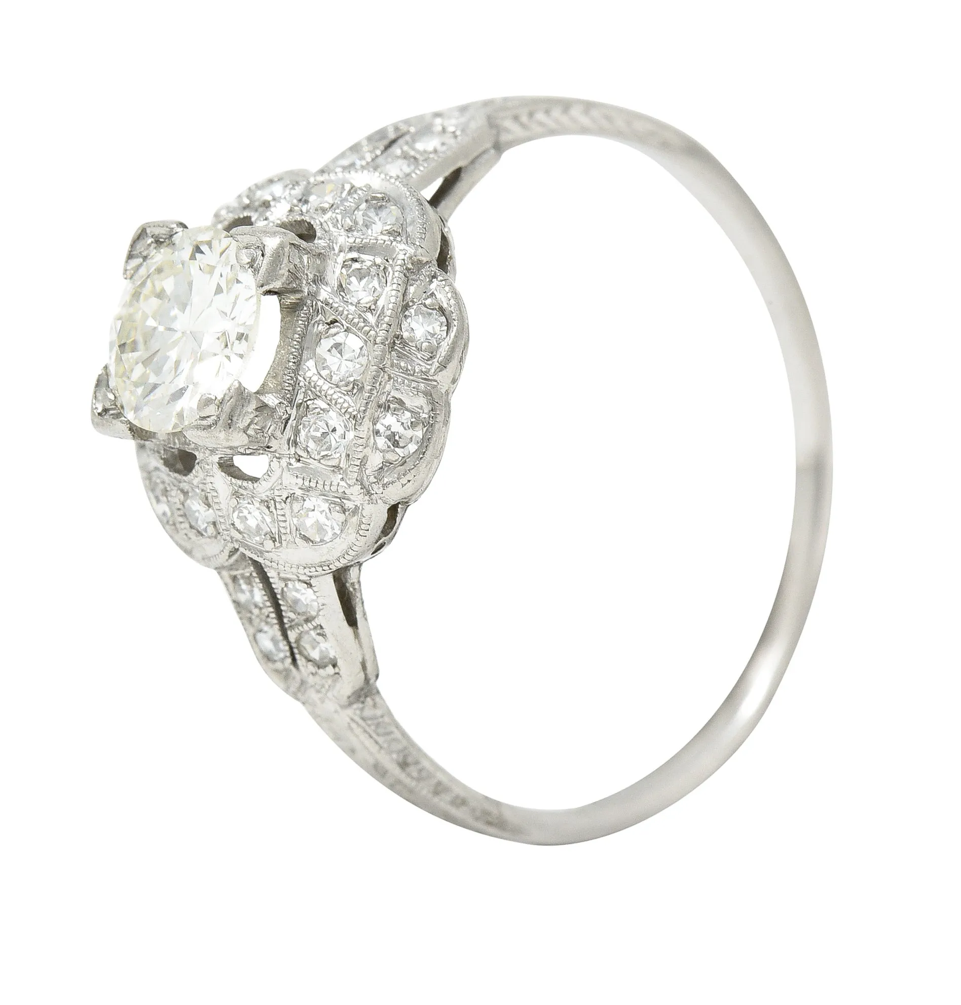 Art Deco 0.91 CTW Old European Cut Diamond Platinum Square Form Halo Engagement Ring