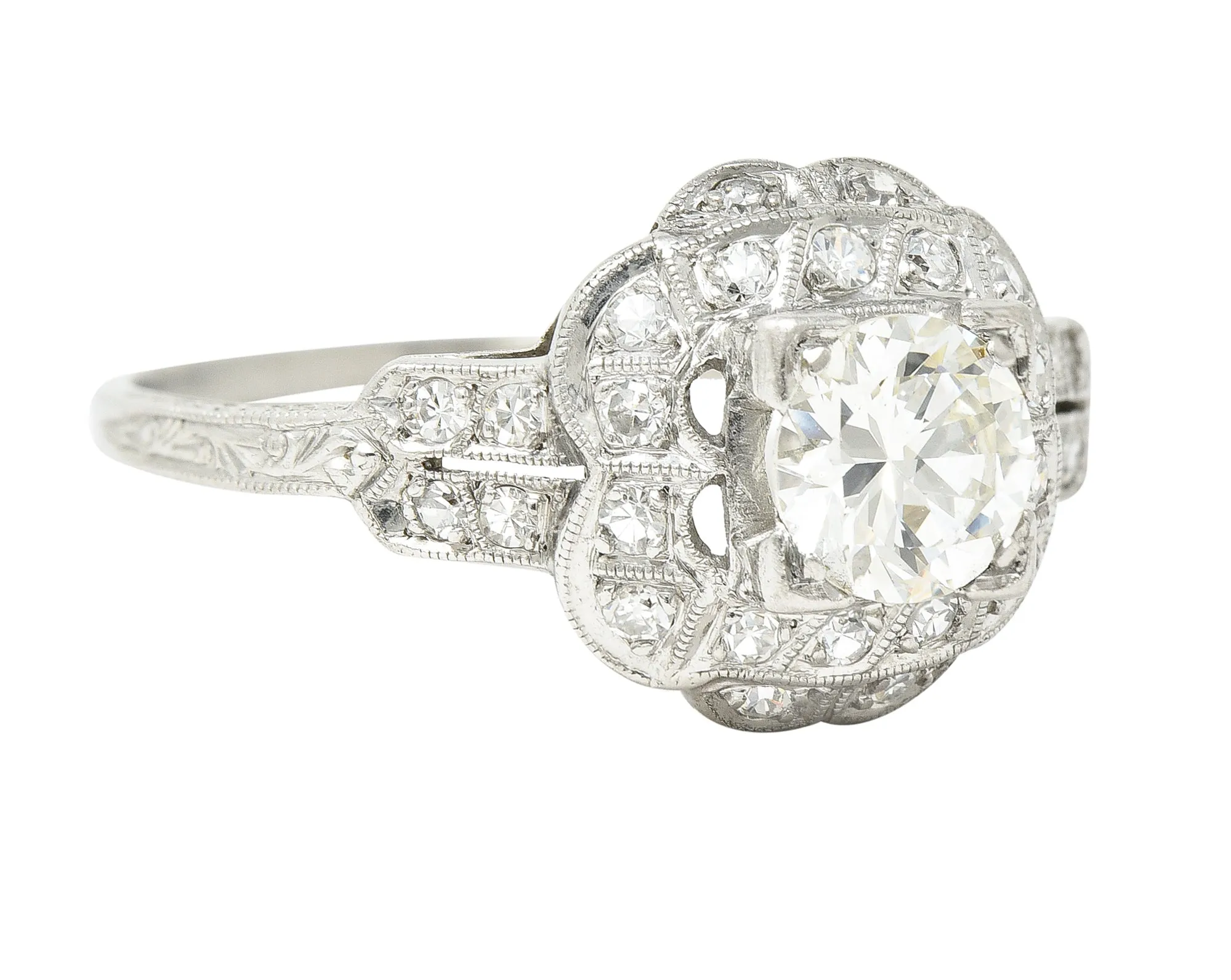 Art Deco 0.91 CTW Old European Cut Diamond Platinum Square Form Halo Engagement Ring