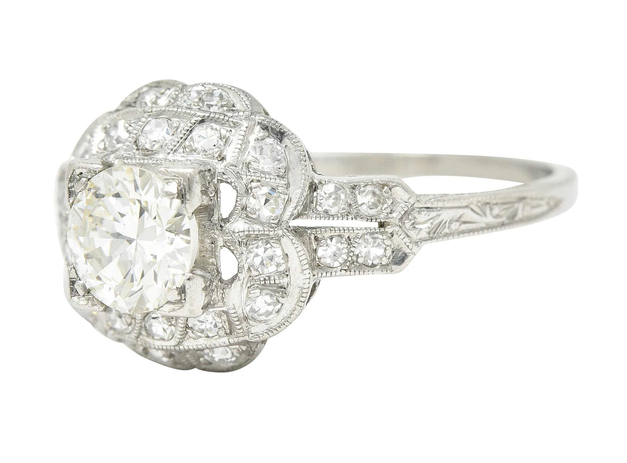 Art Deco 0.91 CTW Old European Cut Diamond Platinum Square Form Halo Engagement Ring