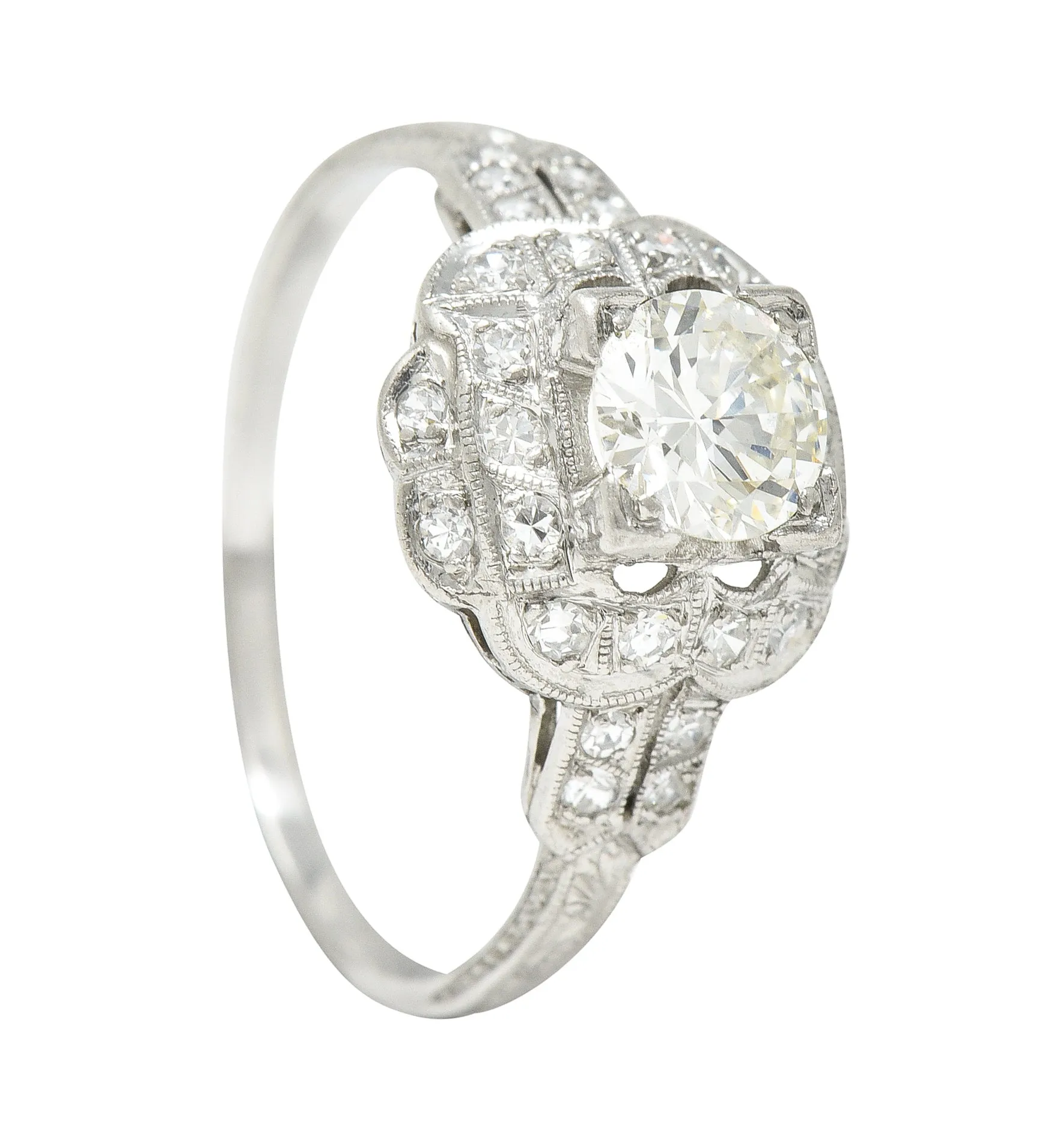 Art Deco 0.91 CTW Old European Cut Diamond Platinum Square Form Halo Engagement Ring